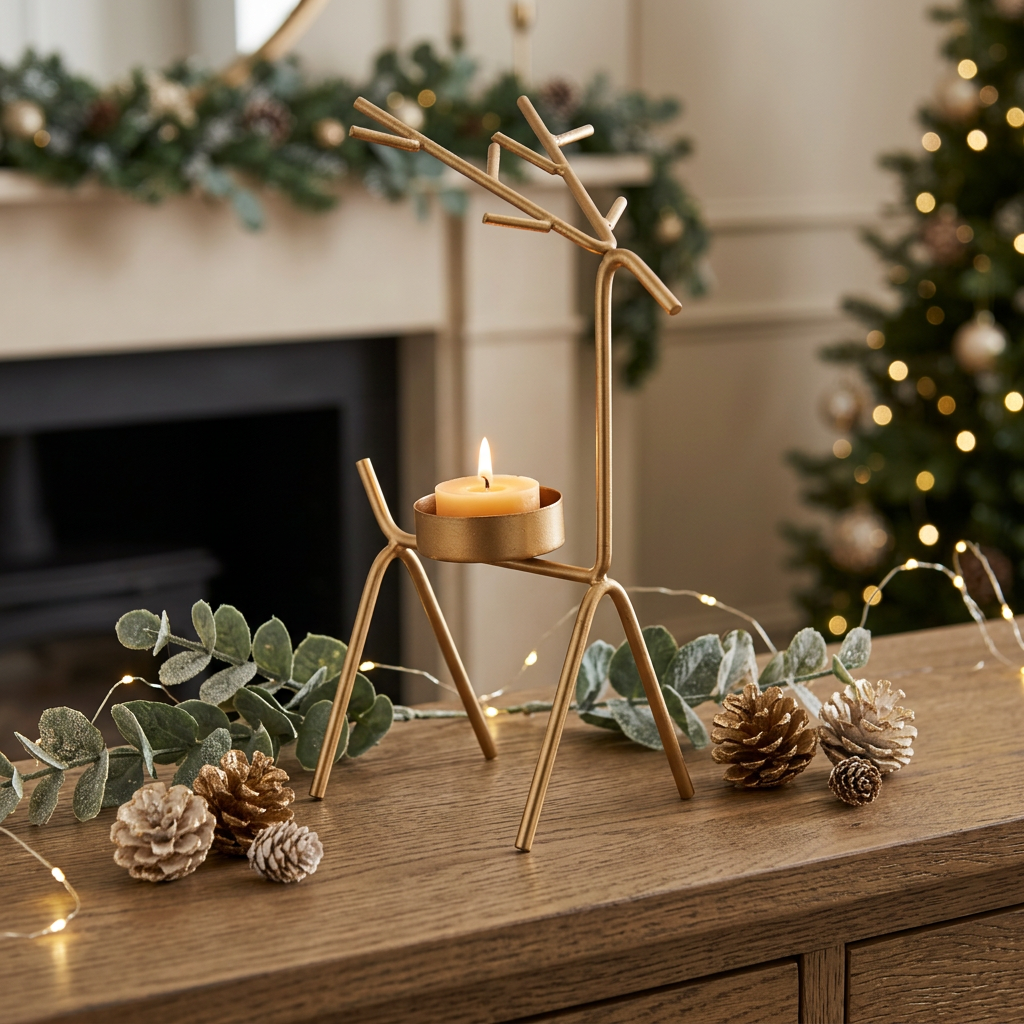 Metal Tealight Holder with Stand Reindeer Gold 12.5 X 7 X 20cm 1pc