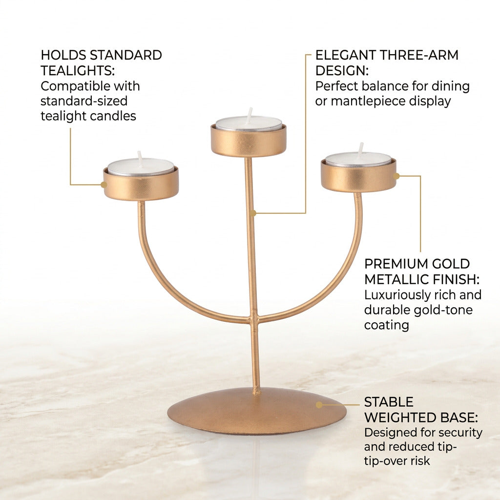 Metal 3 Arm Tealight Holder Candelabra Gold 16.5 X 11.5 X 16cm 1pc