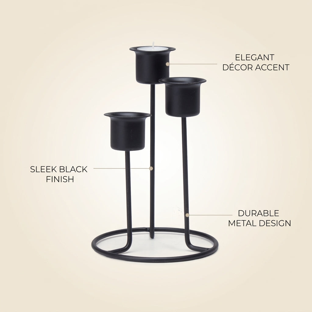 3 Arm Metal Candle Holder Black 9 X 9 X 14cm 1pc