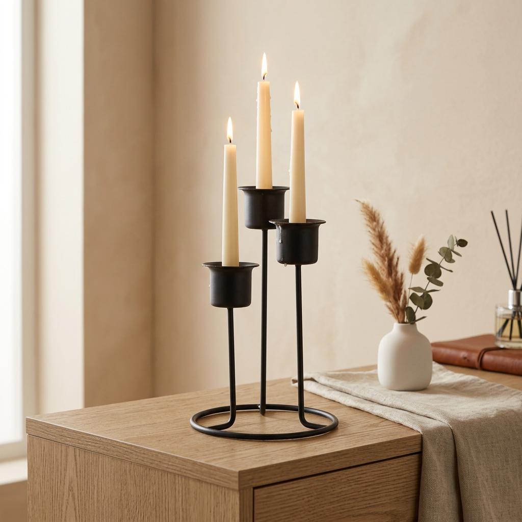 3 Arm Metal Candle Holder Black 9 X 9 X 14cm 1pc