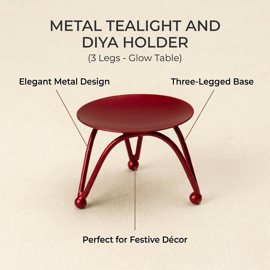 Metal Tealight and Diya Holder with 3 Legs Glow Table Red 7.5 X 7.5 X 5.5cm 1pc