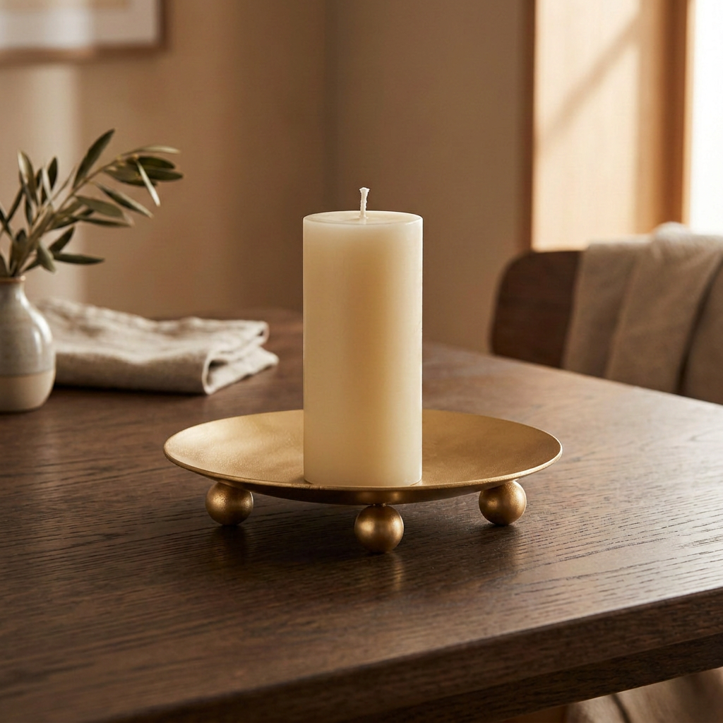 Round Ball Base Metal Candle Tray Gold 9.5 X 9.5 X 1.75cm 1pc