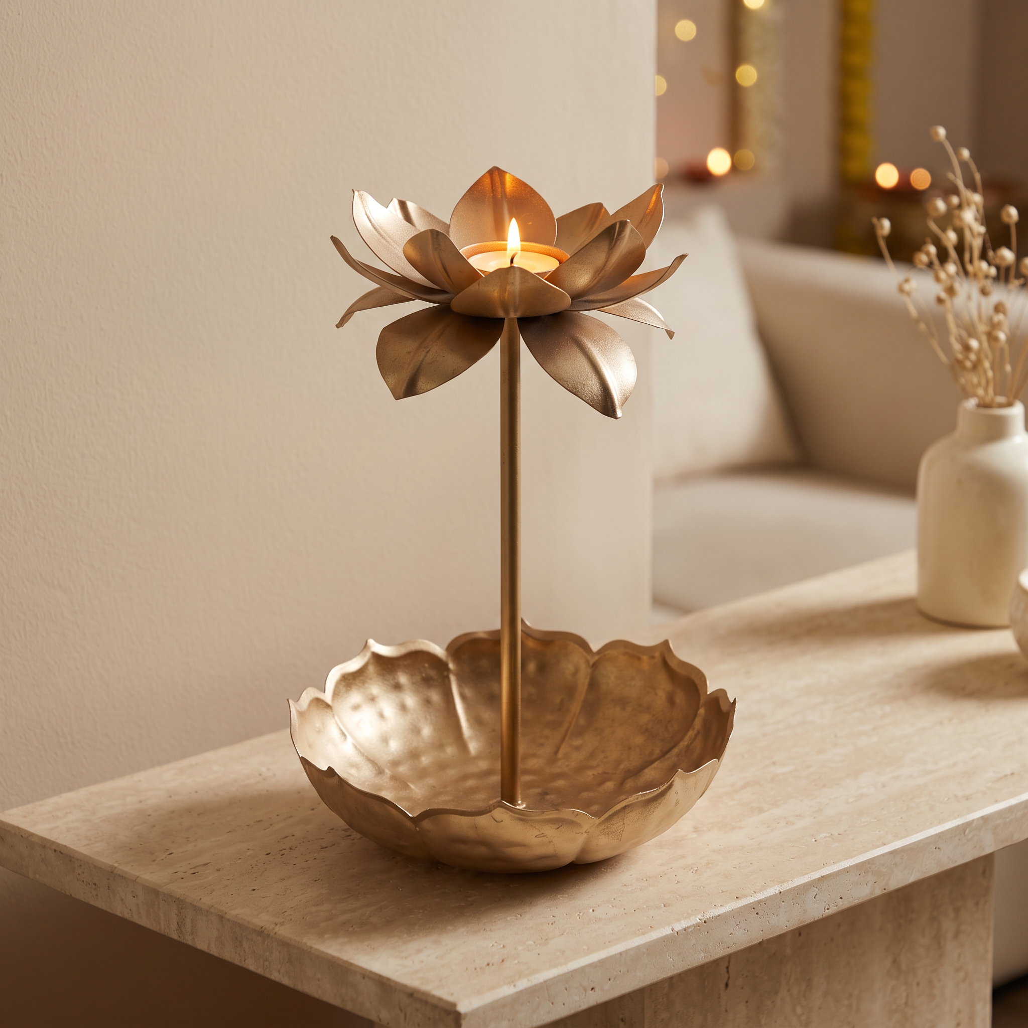 Decorative Lotus Tea Light Candle Holder with Round Base Pedestal Gold 16 X 16 X 31cm 1pc