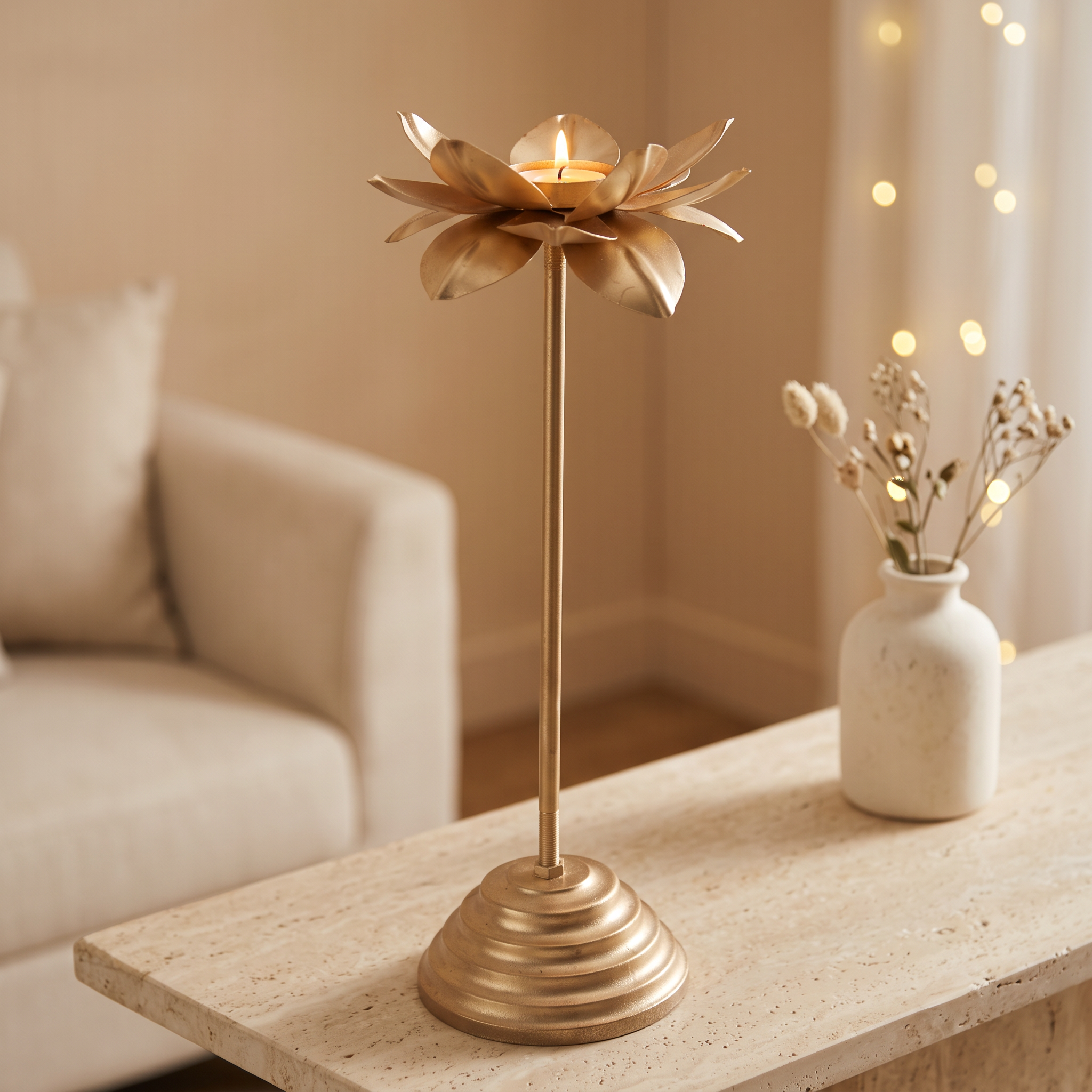 Decorative Lotus Tea Light Candle Holder with Pedestal Base Gold 18 X 18 X 46cm 1pc