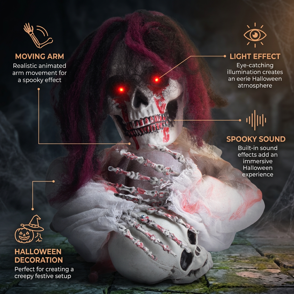Groundbreaker Skull with Moving Arm, Light and Sound 11inch 1pc