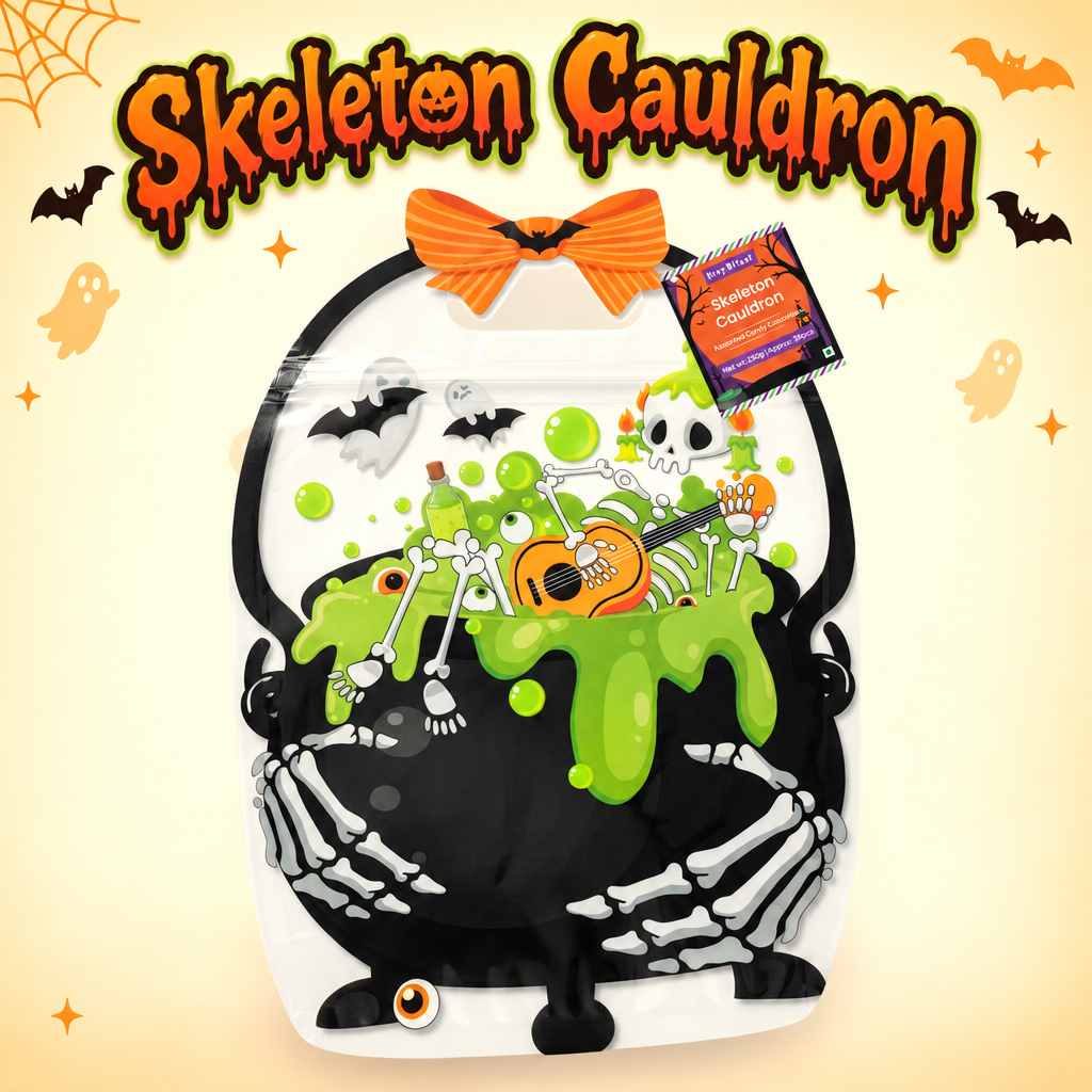 Assorted Candy Pouch Skeleton Cauldron 225gm