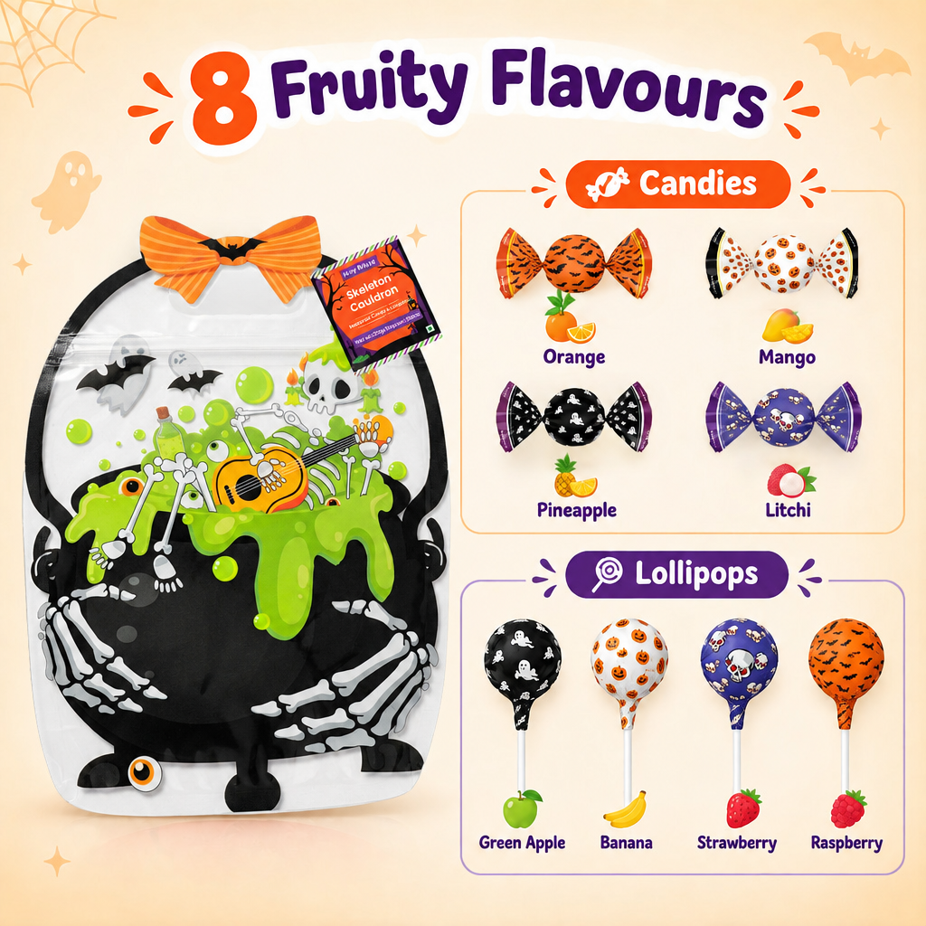 Assorted Candy Pouch Skeleton Cauldron 225gm