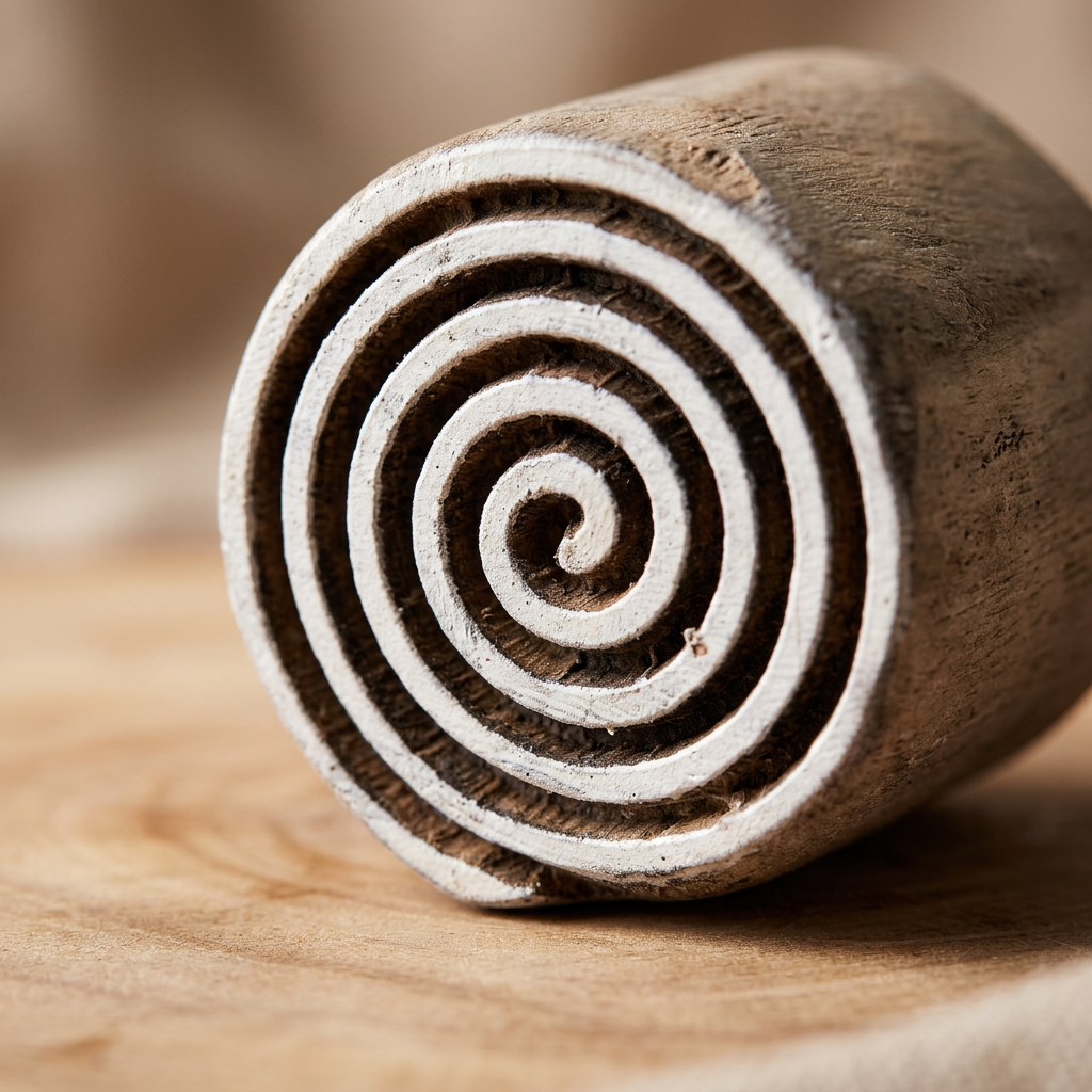 Hand Carved Wooden Printing Block Spiral Circle 1 inch Dia 1pc