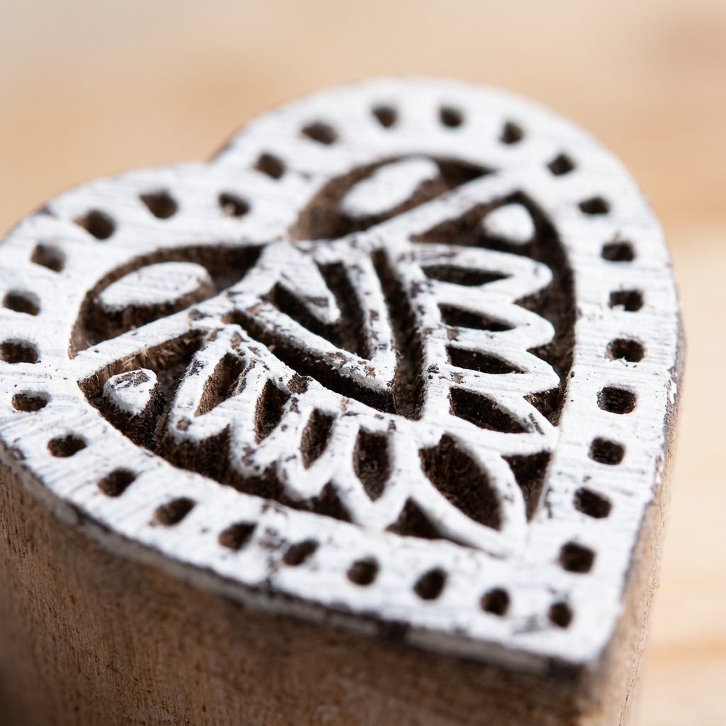 Hand Carved Wooden Printing Block Ethnic Heart W 1 inch X L 1 inch 1pc