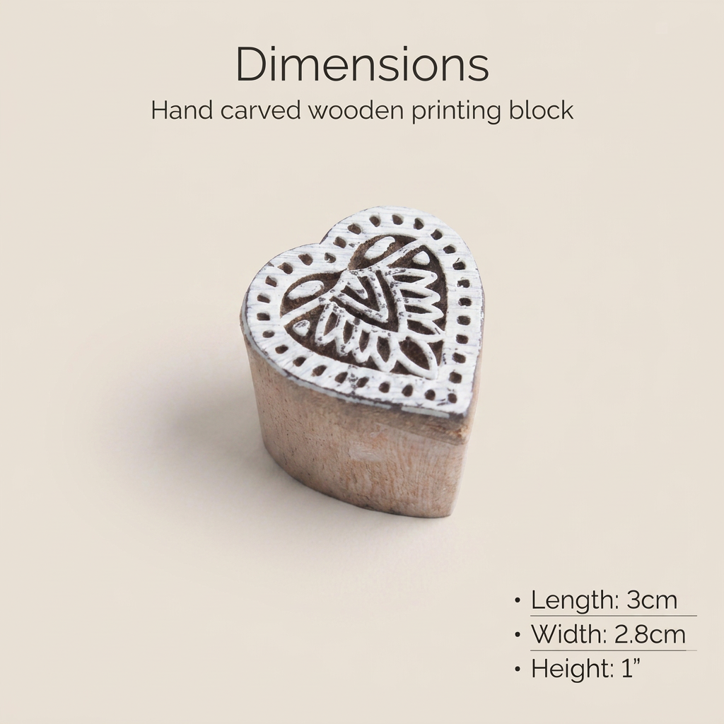Hand Carved Wooden Printing Block Ethnic Heart W 1 inch X L 1 inch 1pc