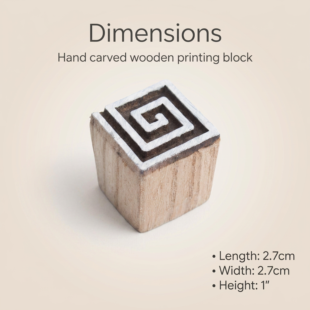 Hand Carved Wooden Printing Block Spiral Square W 1 inch X L 1 inch 1pc