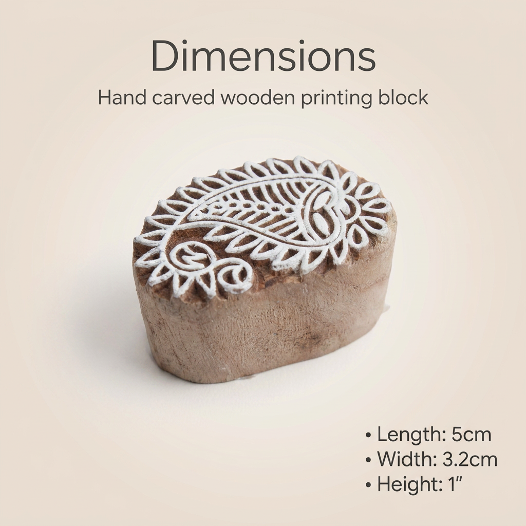 Hand Carved Wooden Printing Block Paisley Foliage W 2inch X L 2inch 1pc
