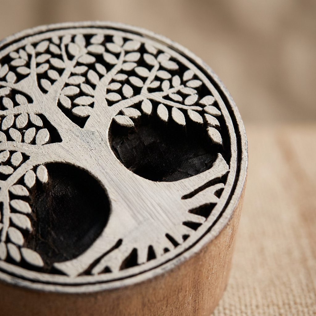 Hand Carved Wooden Printing Block Heritage Tree 2.5inch Dia 1pc