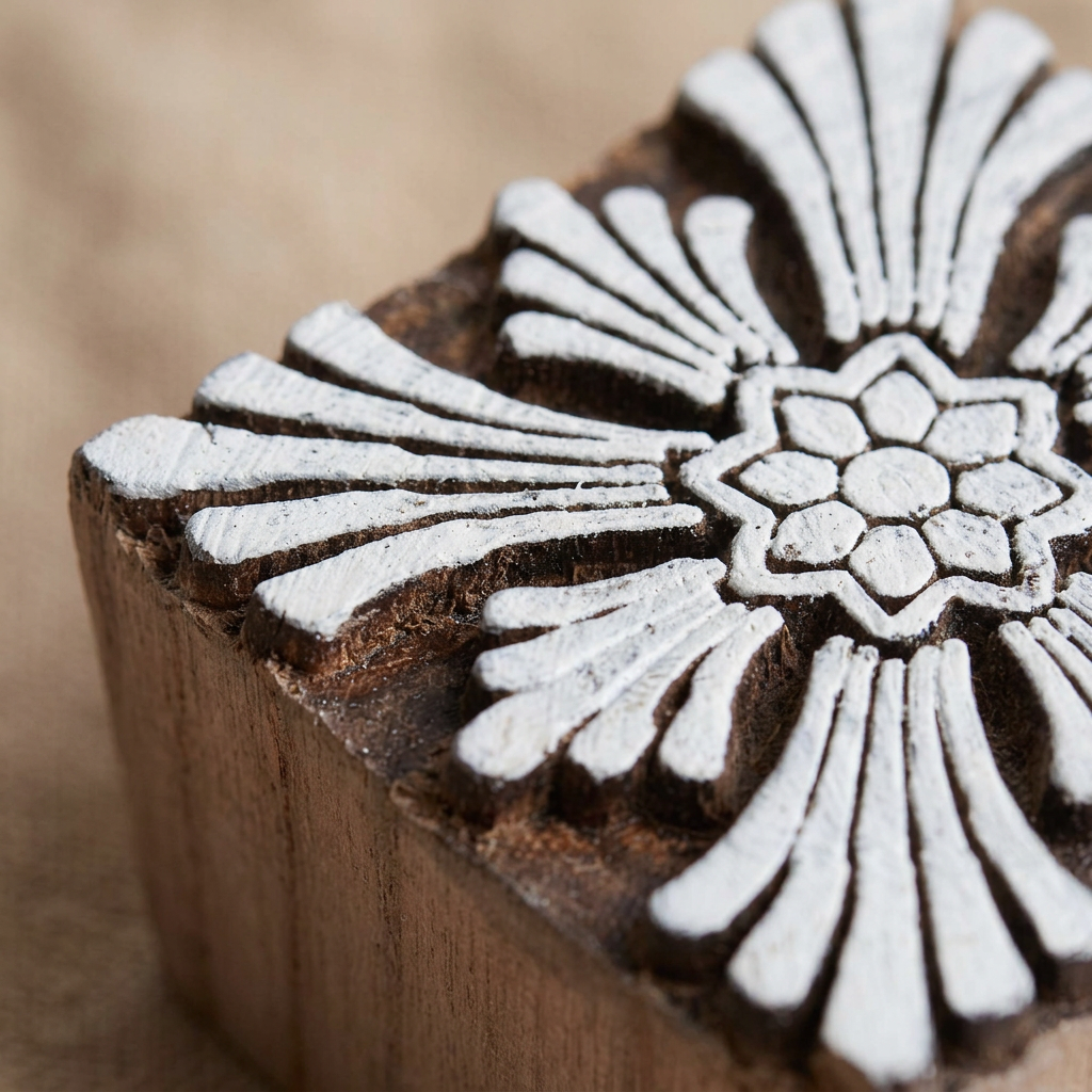 Hand Carved Wooden Printing Block Rustic Flora 2.5inch Dia 1pc