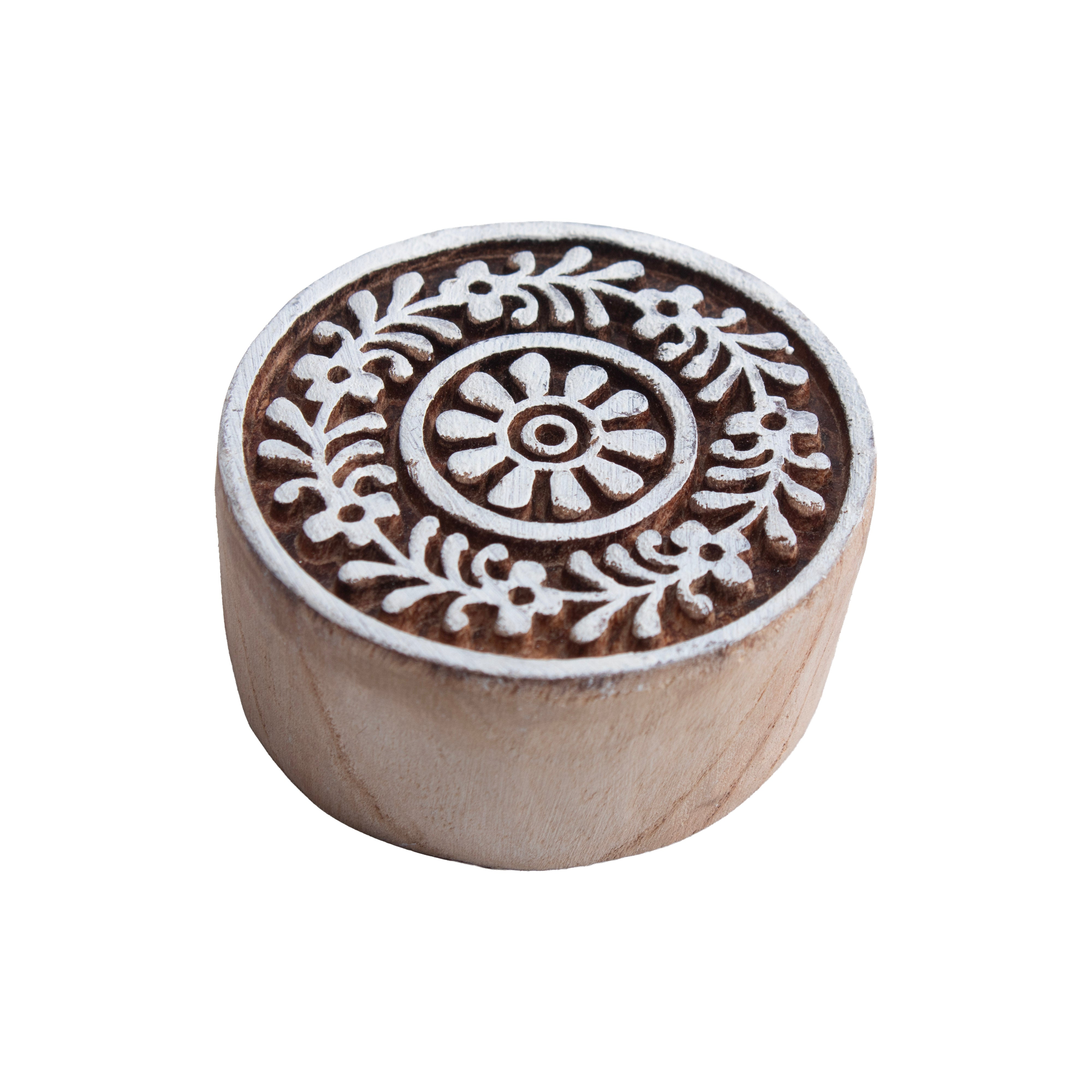 Hand Carved Wooden Printing Block Floral Circle 3inch Dia 1pc