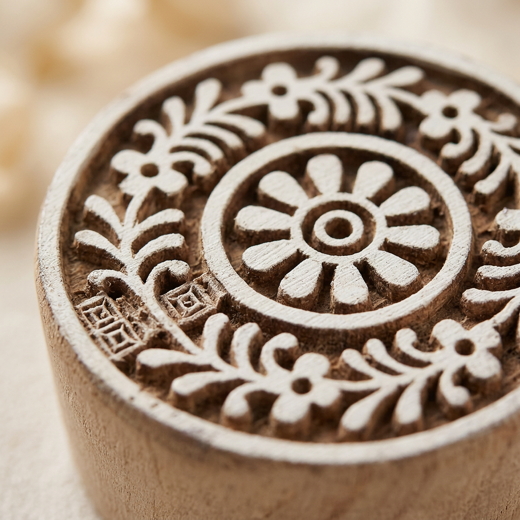Hand Carved Wooden Printing Block Floral Circle 3inch Dia 1pc