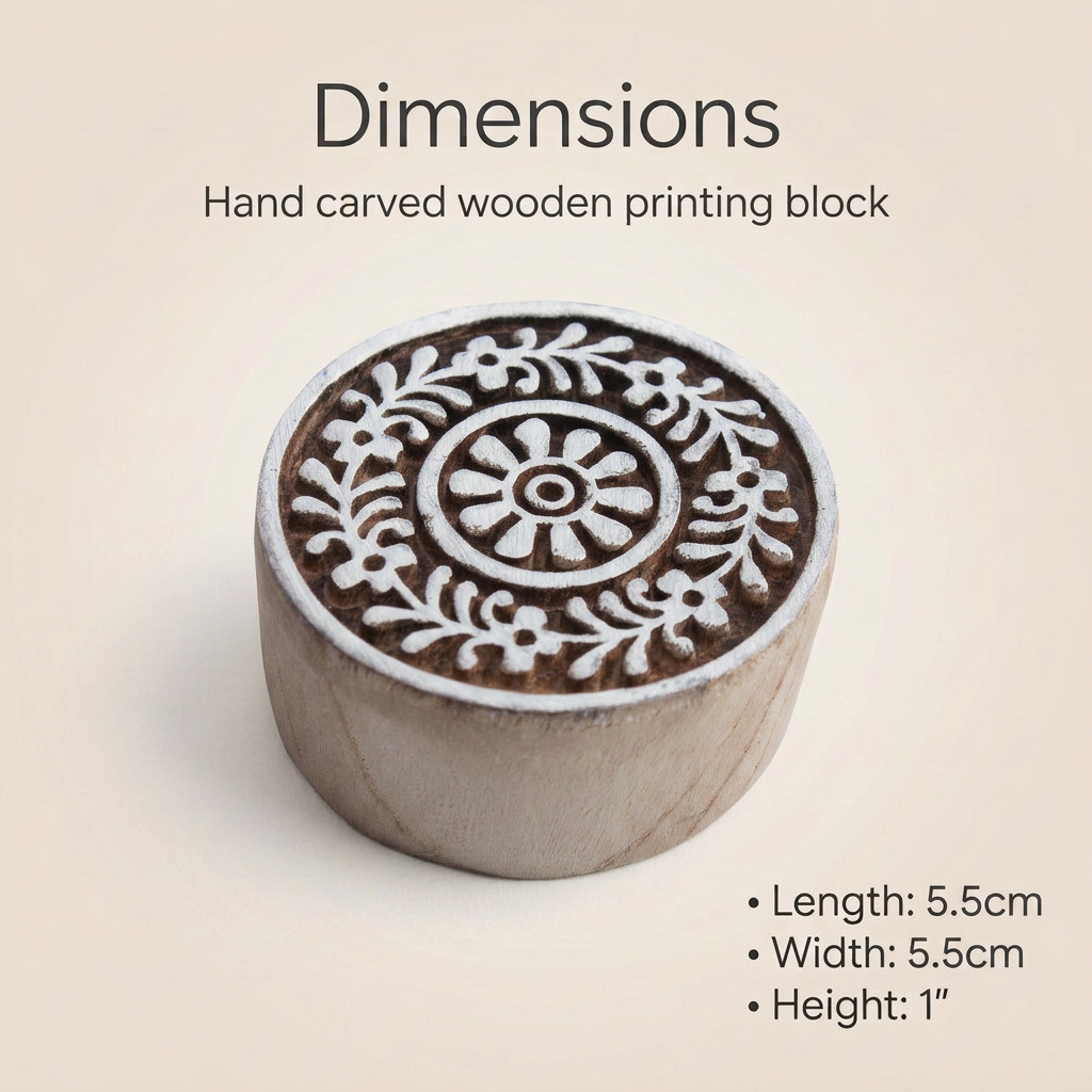 Hand Carved Wooden Printing Block Floral Circle 3inch Dia 1pc