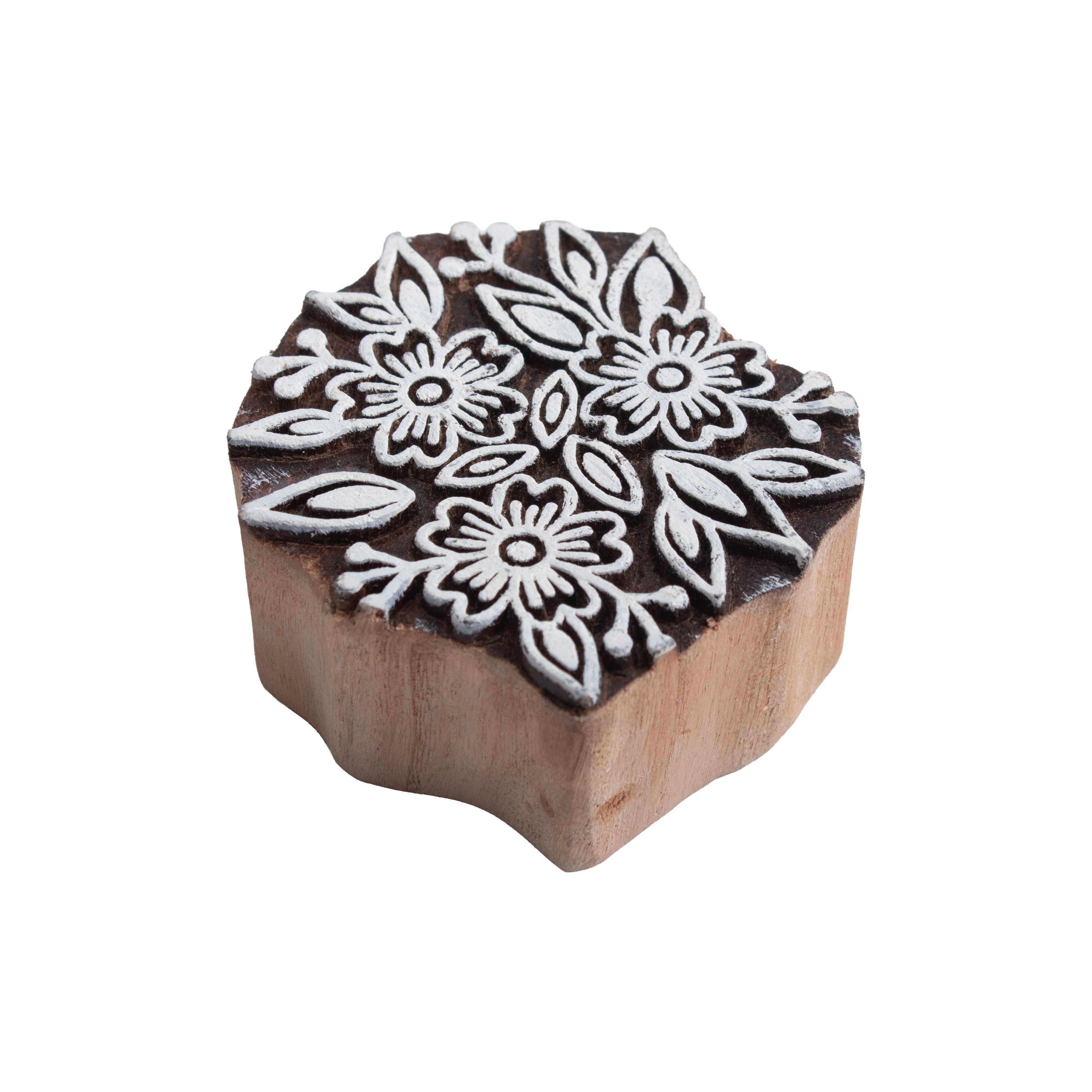 Hand Carved Wooden Printing Block Wildflower Bouquet 3inch Dia 1pc