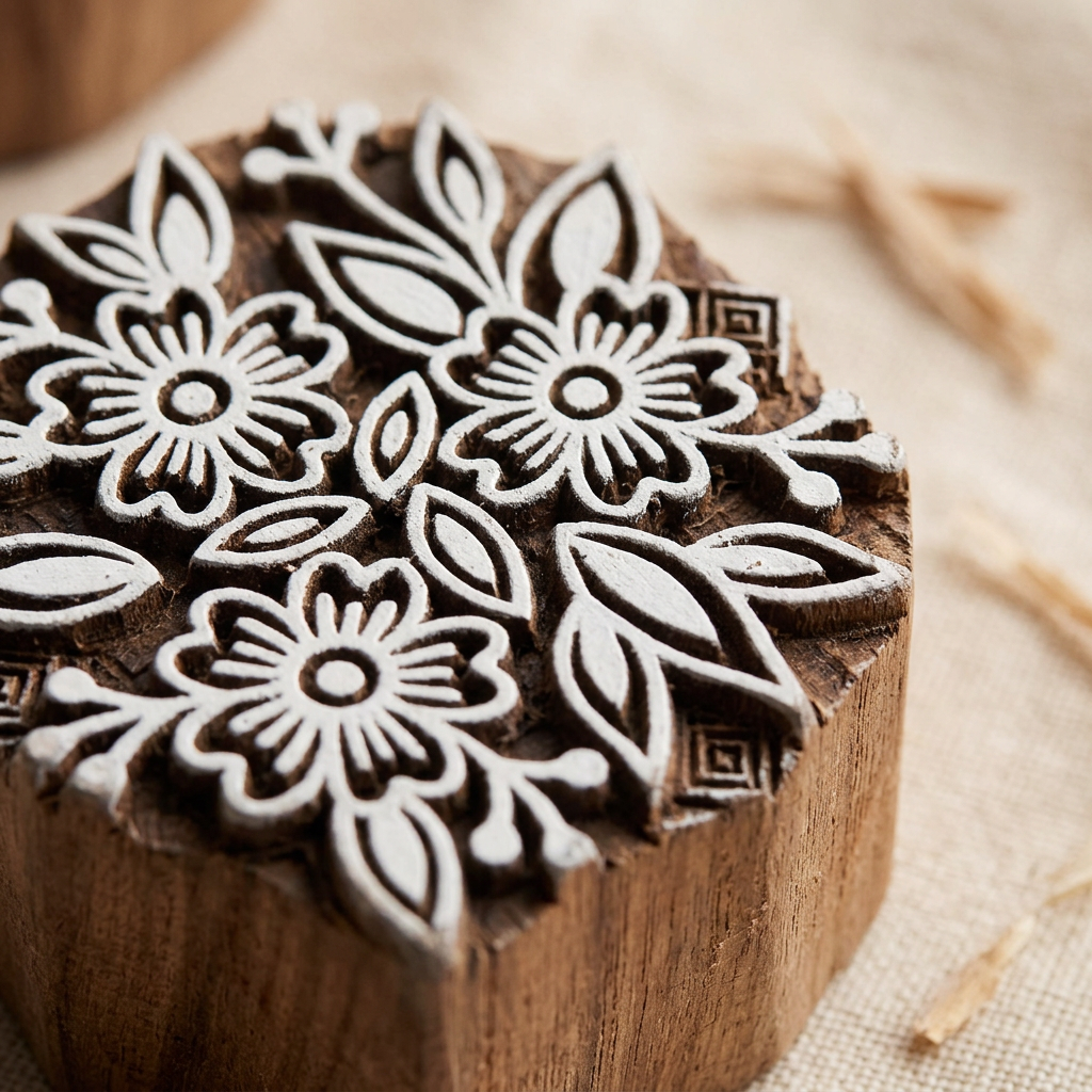 Hand Carved Wooden Printing Block Wildflower Bouquet 3inch Dia 1pc