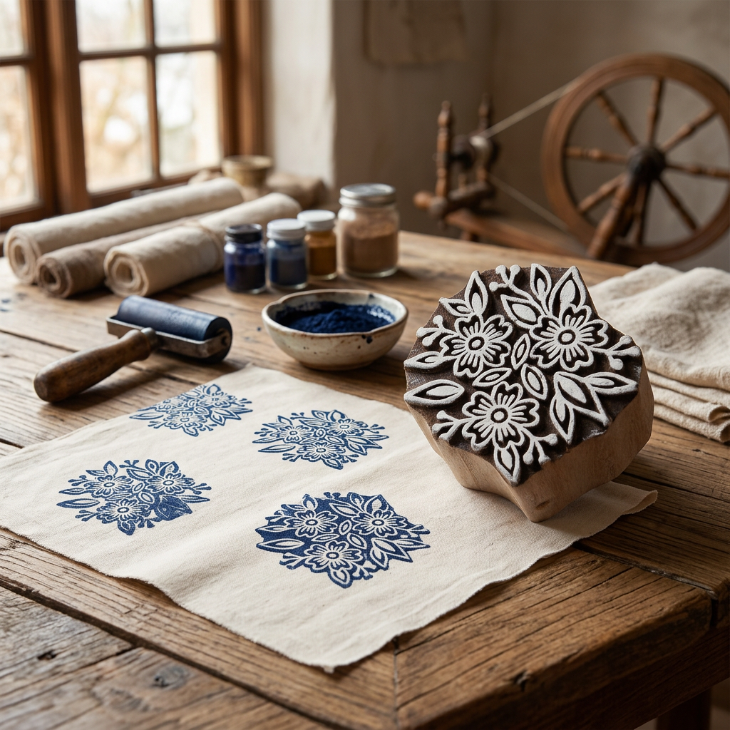 Hand Carved Wooden Printing Block Wildflower Bouquet 3inch Dia 1pc