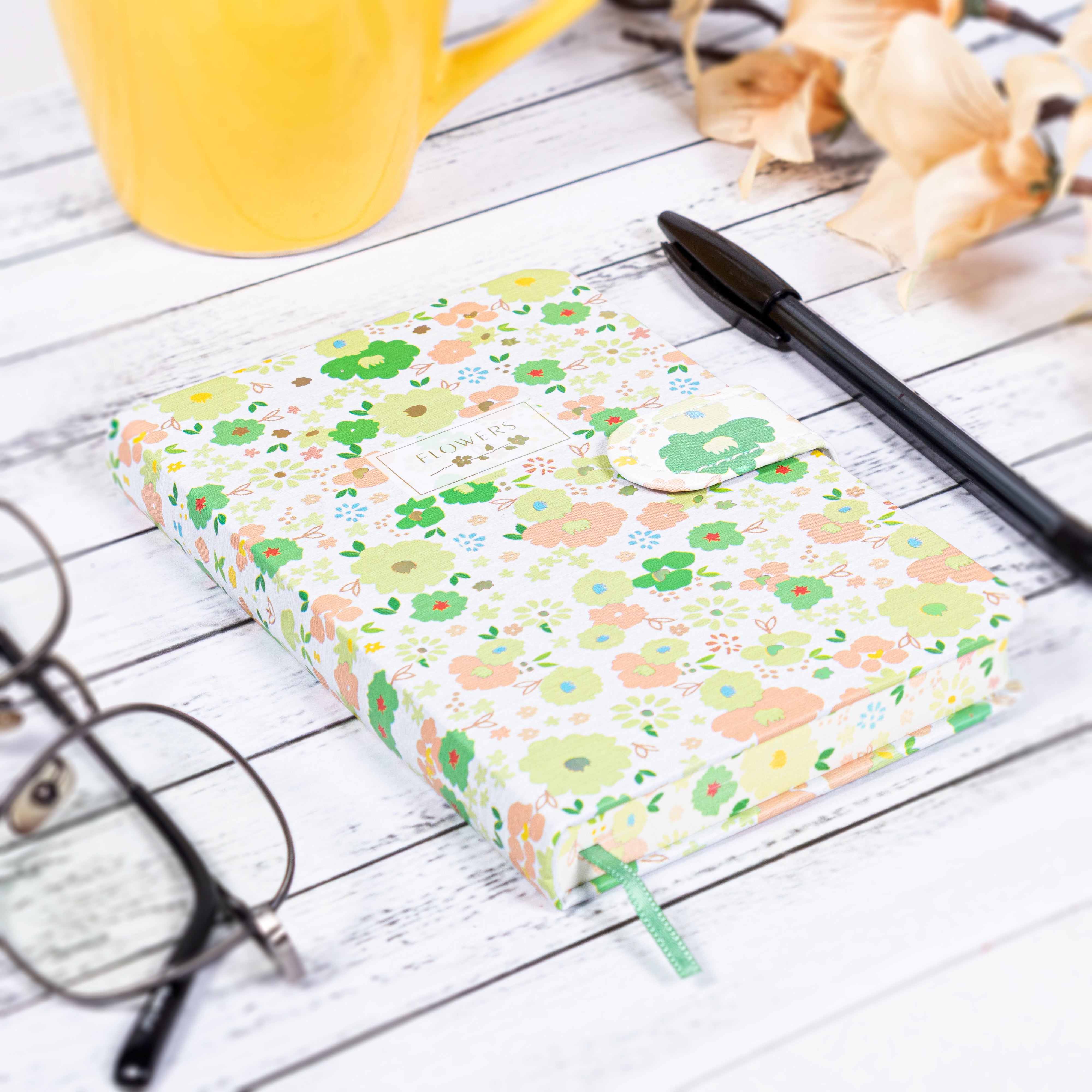 Hardbound Ruled Edge Printed Notebook With Magnetic Closure Floral Party Green A6 224 Pages 1Book