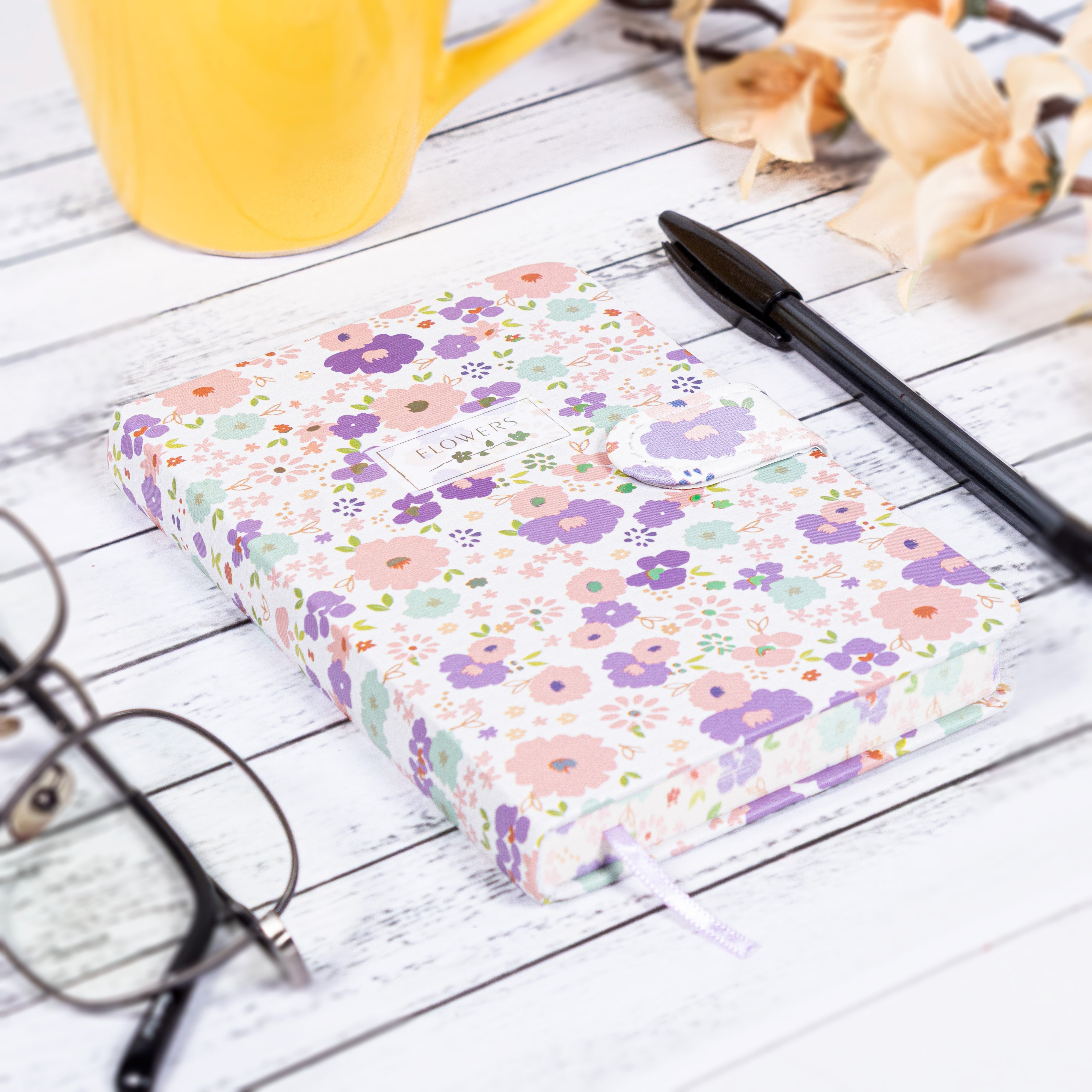 Hardbound Ruled Edge Printed Notebook With Magnetic Closure Floral Party Mauve Pink A6 224 Pages 1Book
