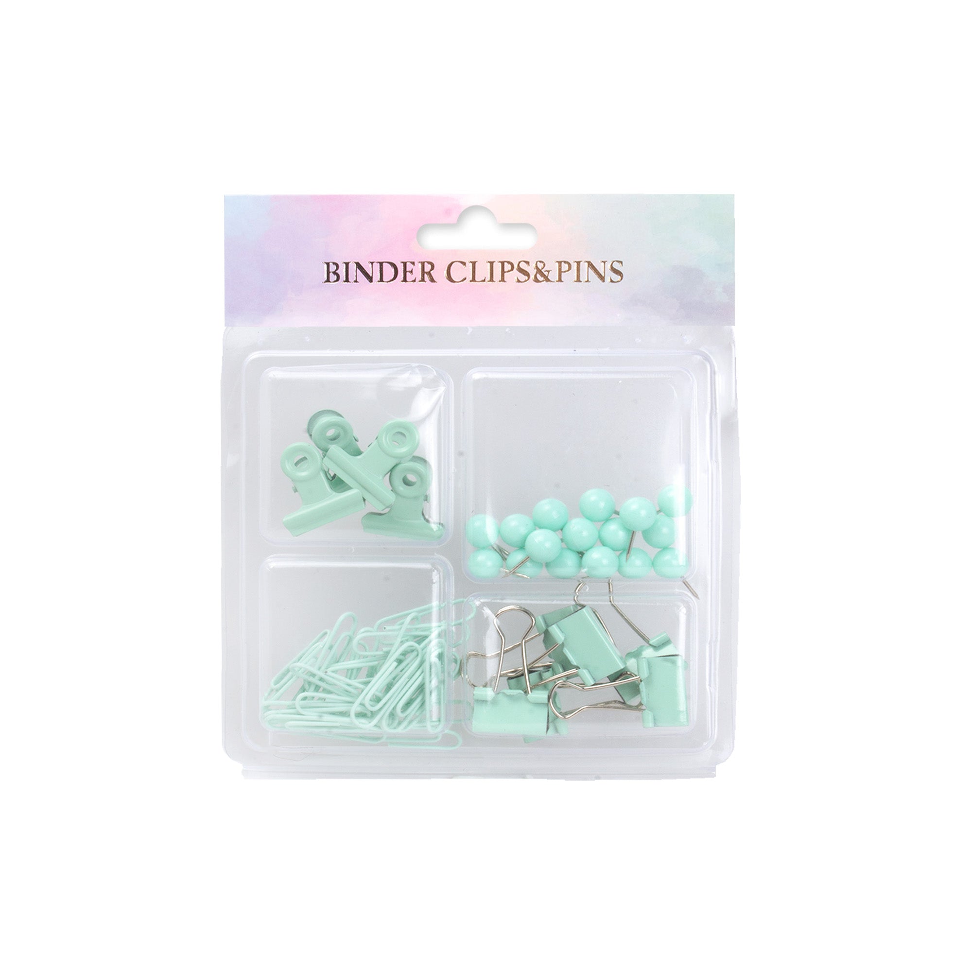 Binder Clip, Paper Clip, File Clip & Ball Push Pin Set Teal Blister