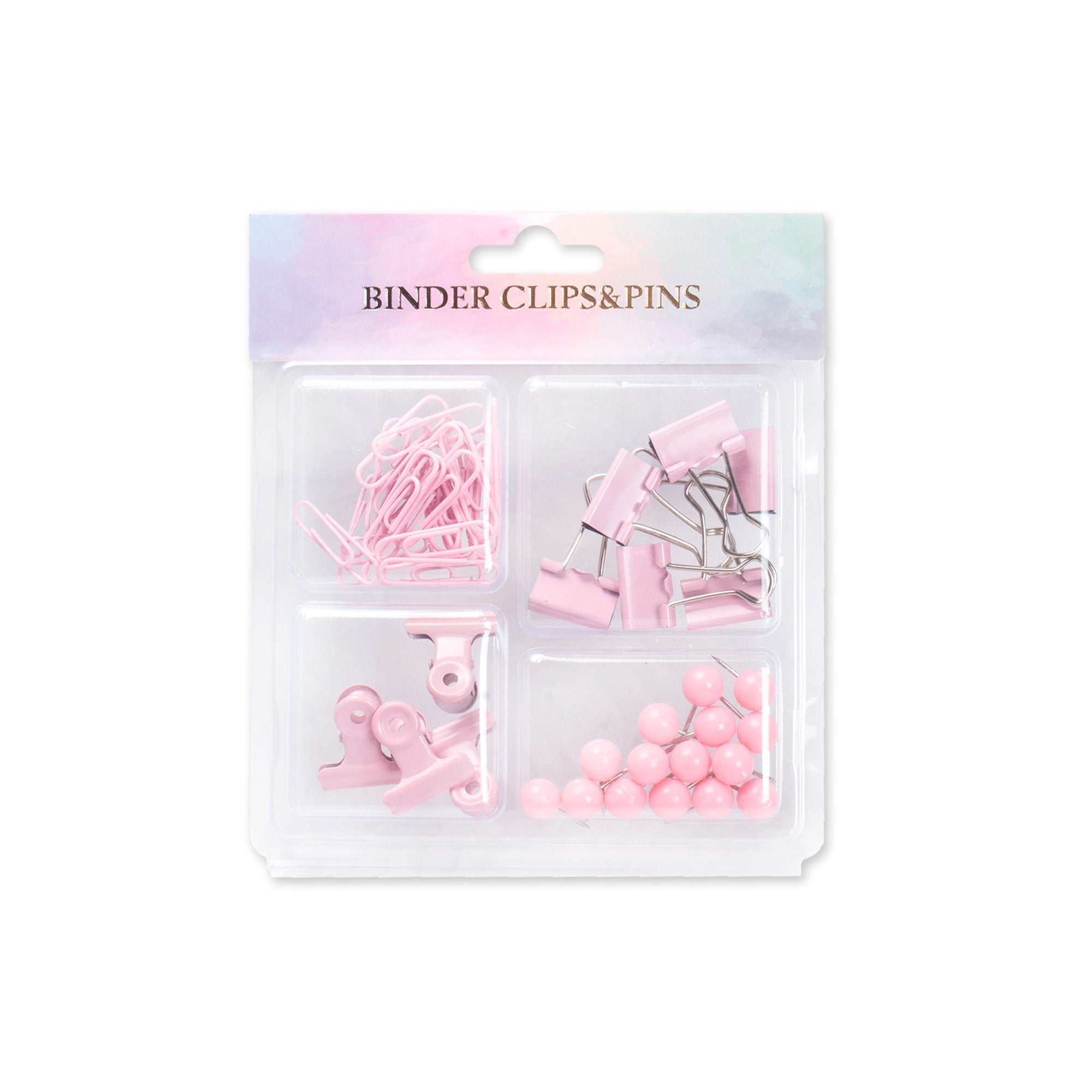 Binder Clip, Paper Clip, File Clip & Ball Push Pin Set Pink Blister