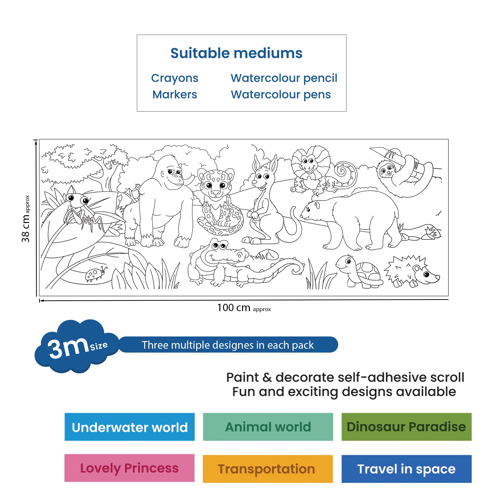 Repositionable Creative Colouring Paper Roll Animal 3mtr X W38cm 1 BOX