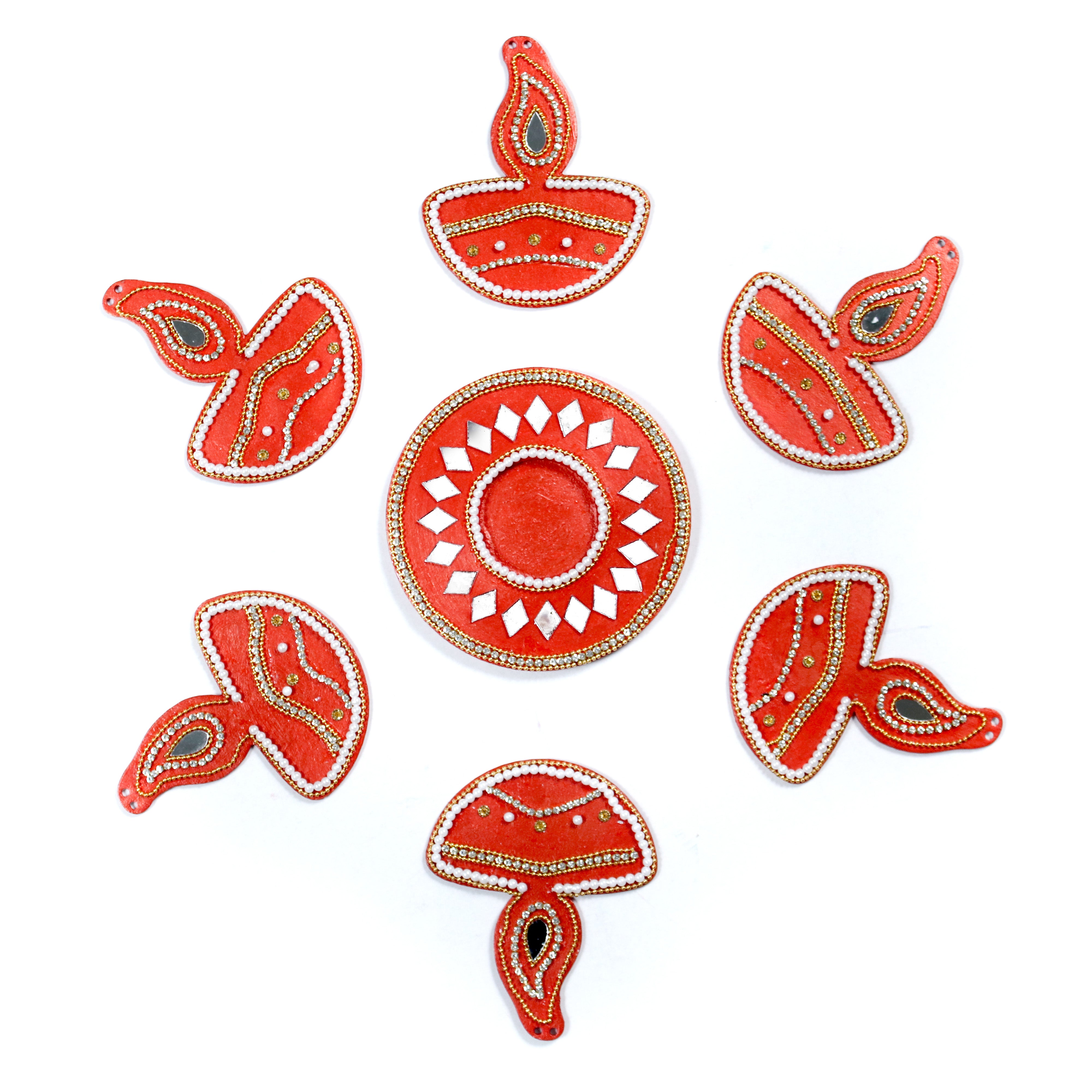 Diwali Decor Combo - Mirror Work Tealight Holder Diamond Delight Red 4in Dia & Ornate Festive Lamp Hanging Decor Red (pack of 7pc)