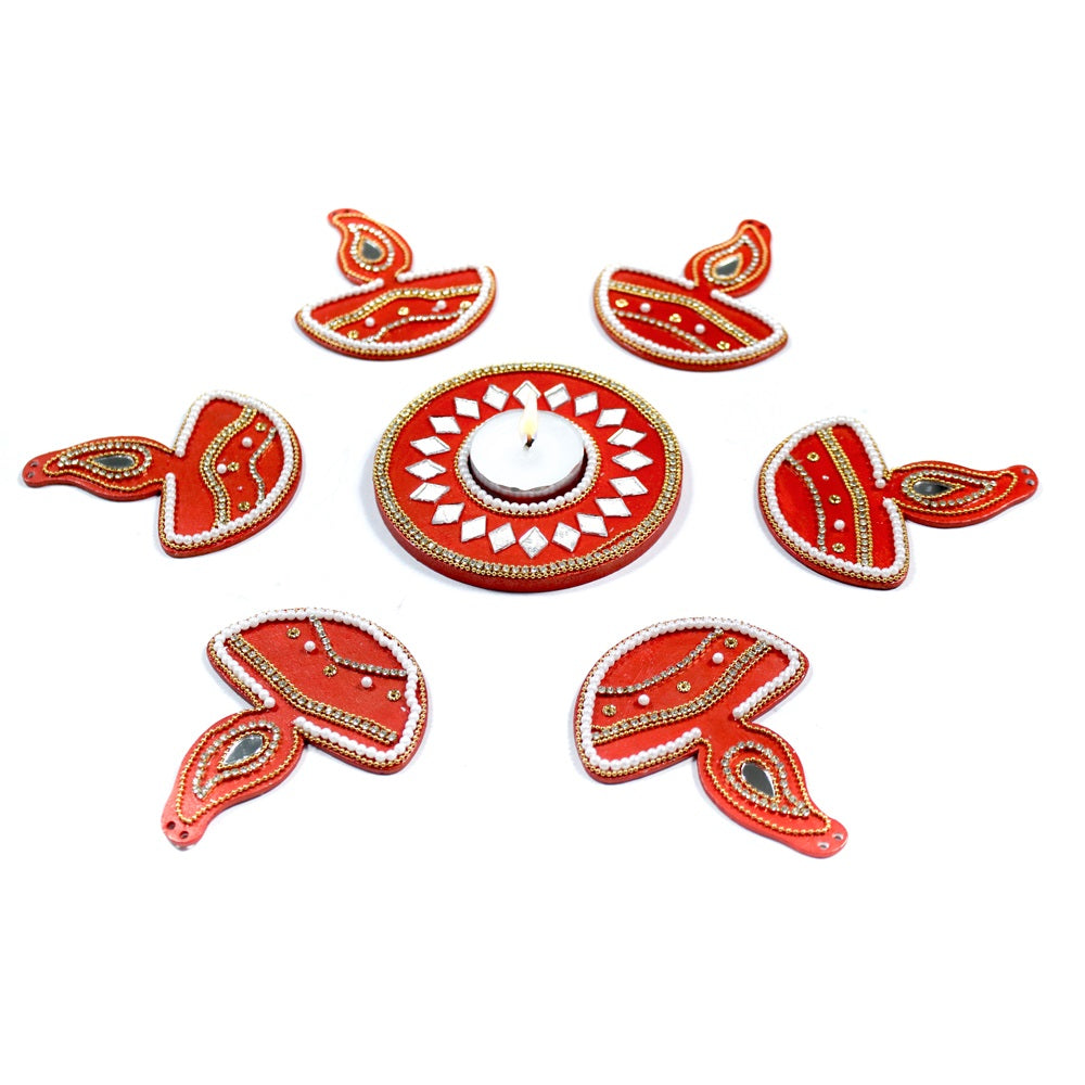 Diwali Decor Combo - Mirror Work Tealight Holder Diamond Delight Red 4in Dia & Ornate Festive Lamp Hanging Decor Red (pack of 7pc)