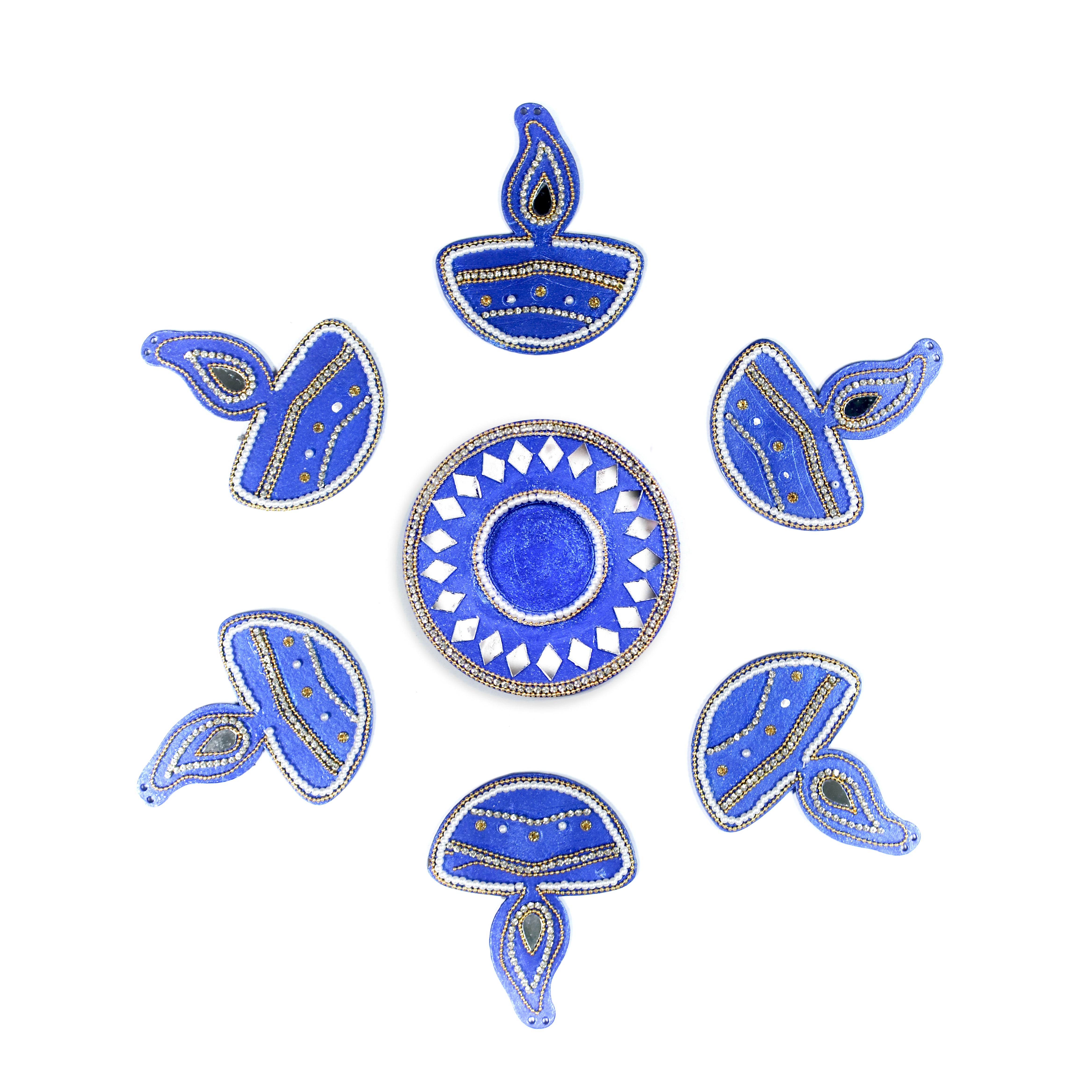 Diwali Decor Combo - Mirror Work Tealight Holder Diamond Delight Blue 4in Dia & Ornate Festive Lamp Hanging Decor Blue (pack of 7pc)