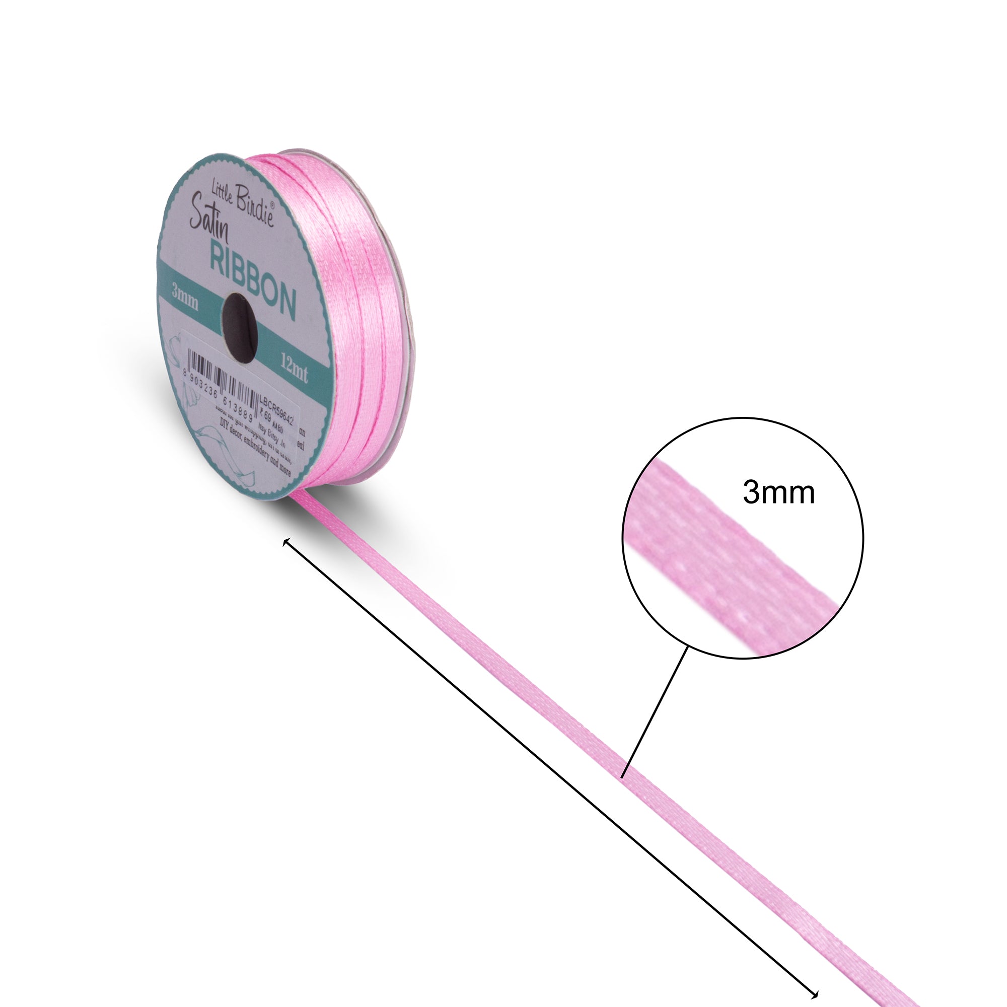 Satin Ribbon | 3mm | Baby Pink | 12 Meters - 1 Roll