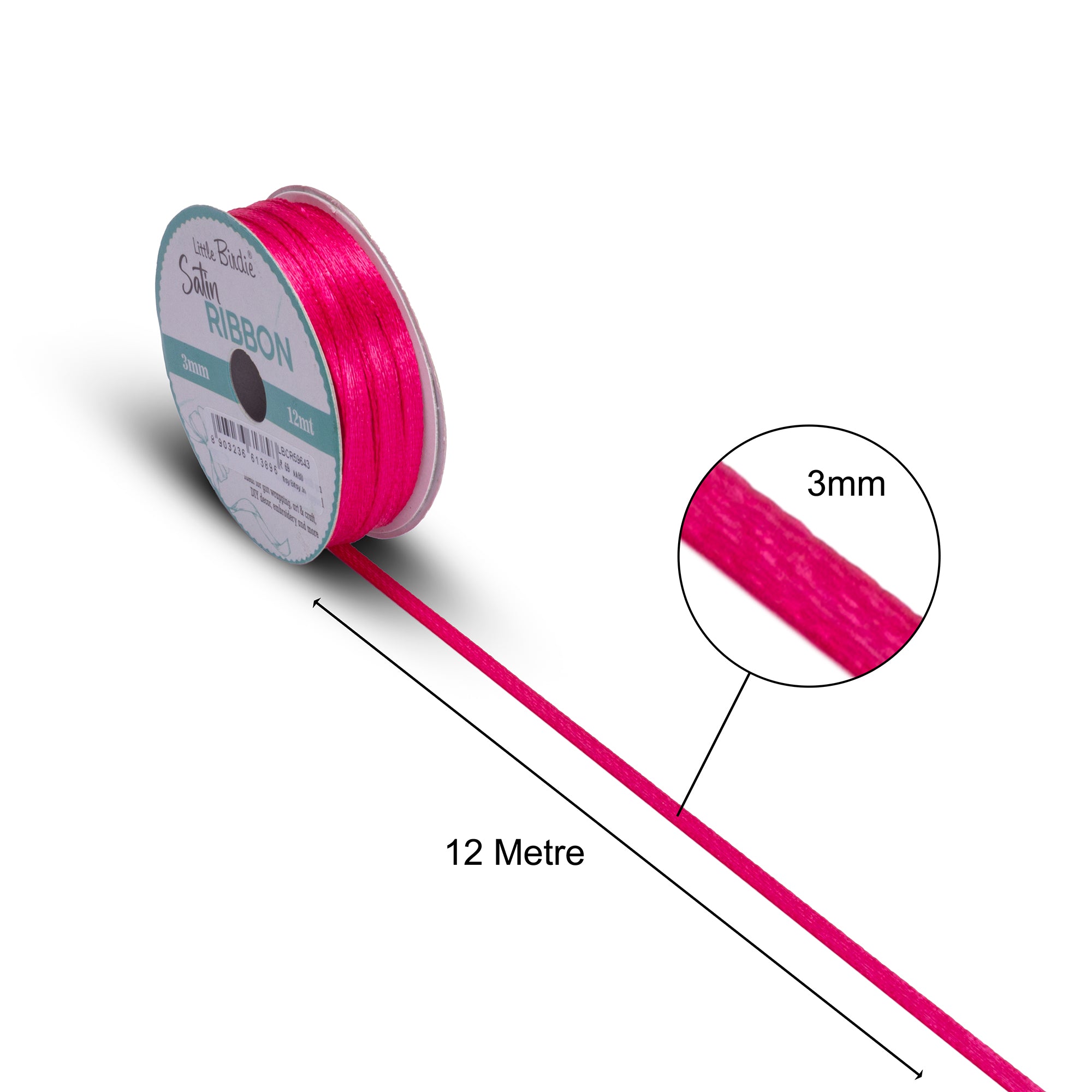 Satin Ribbon | 3mm | Hot Pink |  12 Meter - 1 Roll