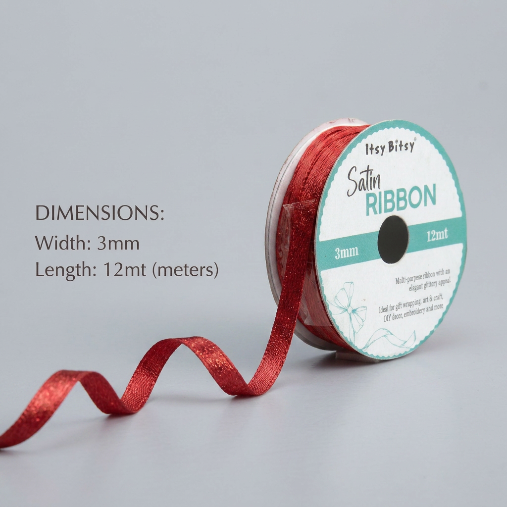 Satin Ribbon 3mm Red 12mtr 1Roll