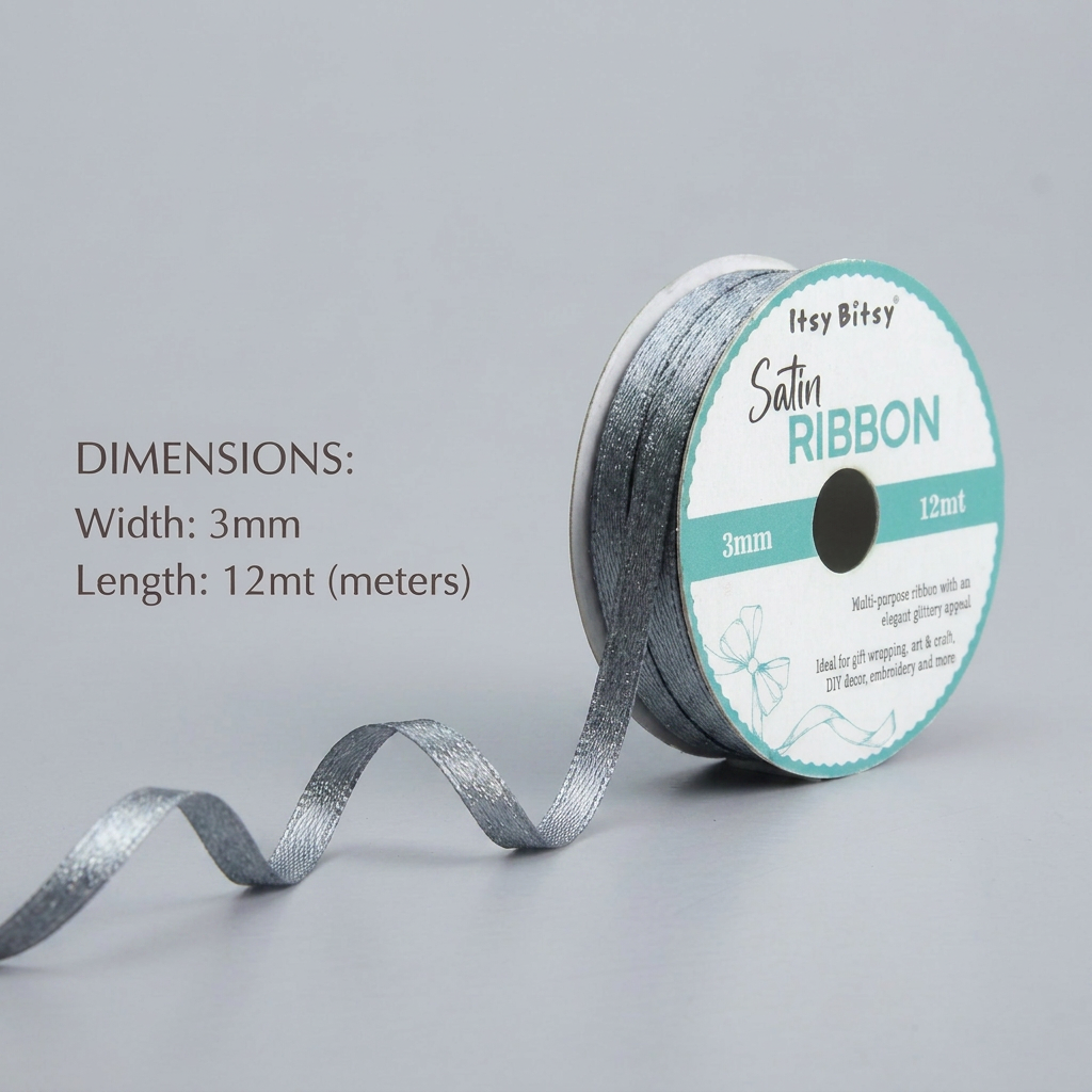 Satin Ribbon 3mm Silver 12mtr 1Roll