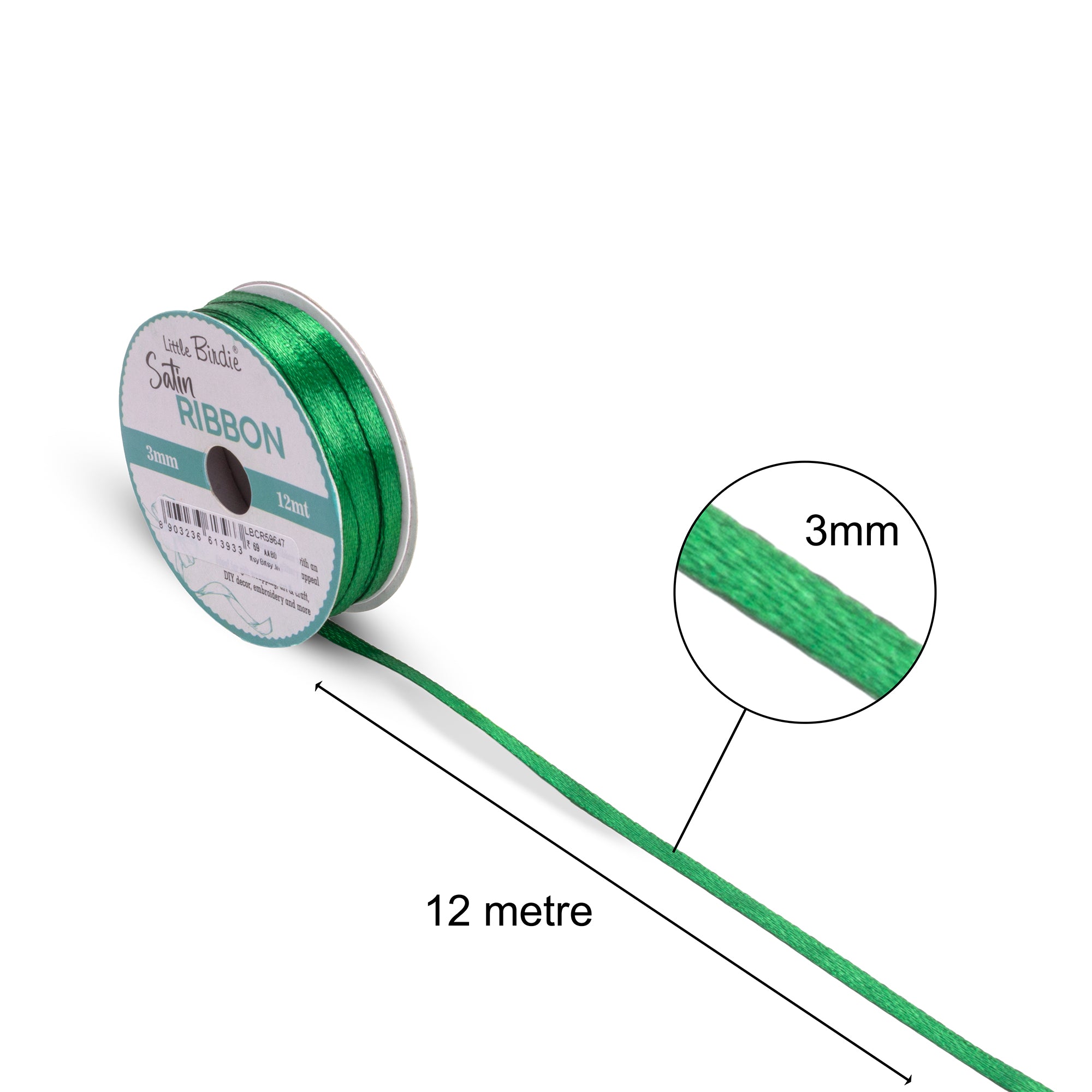 Satin Ribbon | 3mm | Green | 12 Meter - 1 Roll