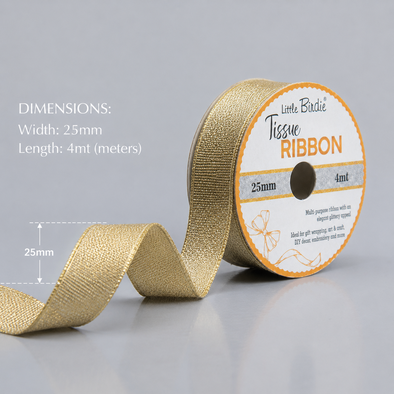 Tissue Ribbon 25mm Light Gold 3mtr 1Roll