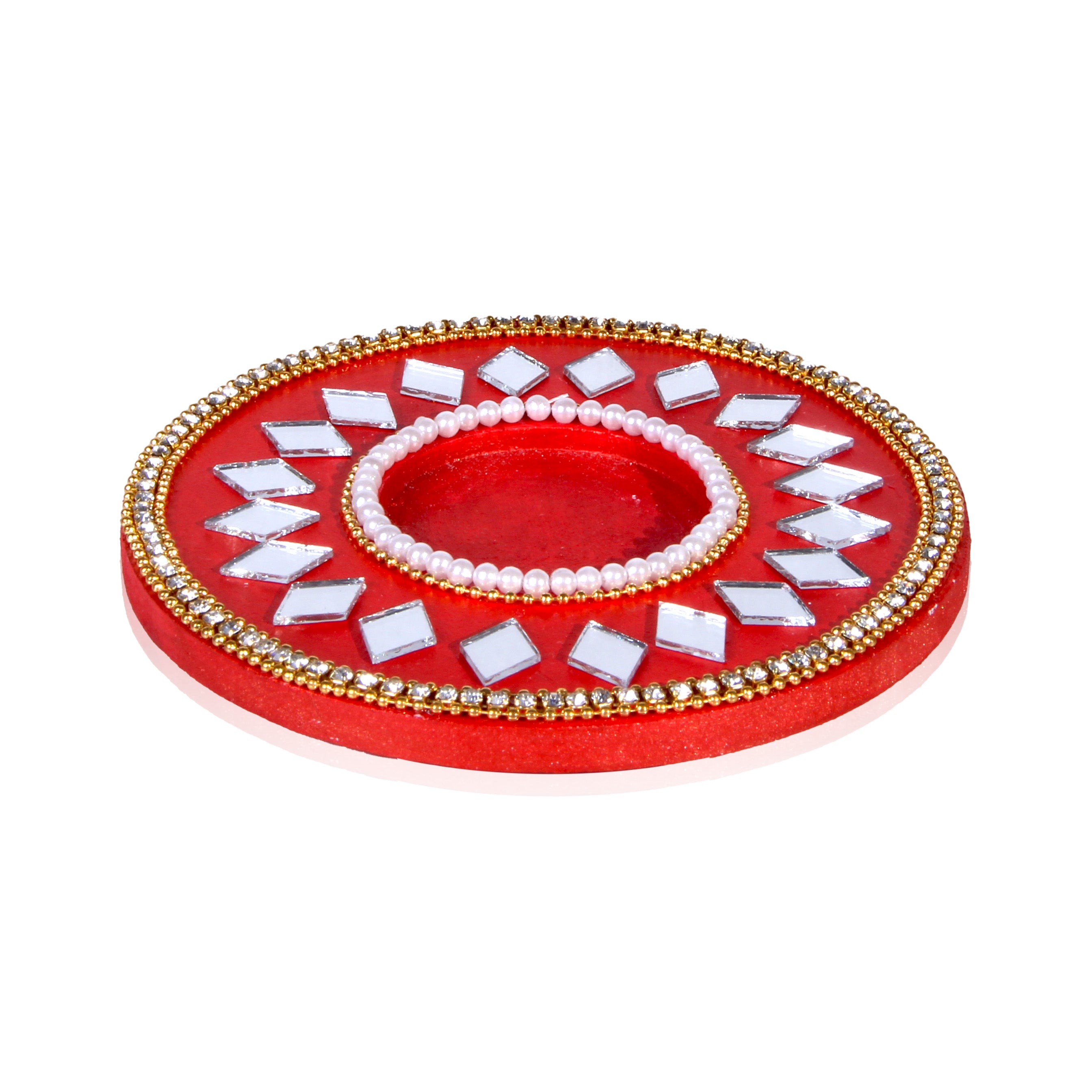 Mirror Work Tealight Holder Diamond Delight Red 4in Dia 5.5mm Thick 1pc