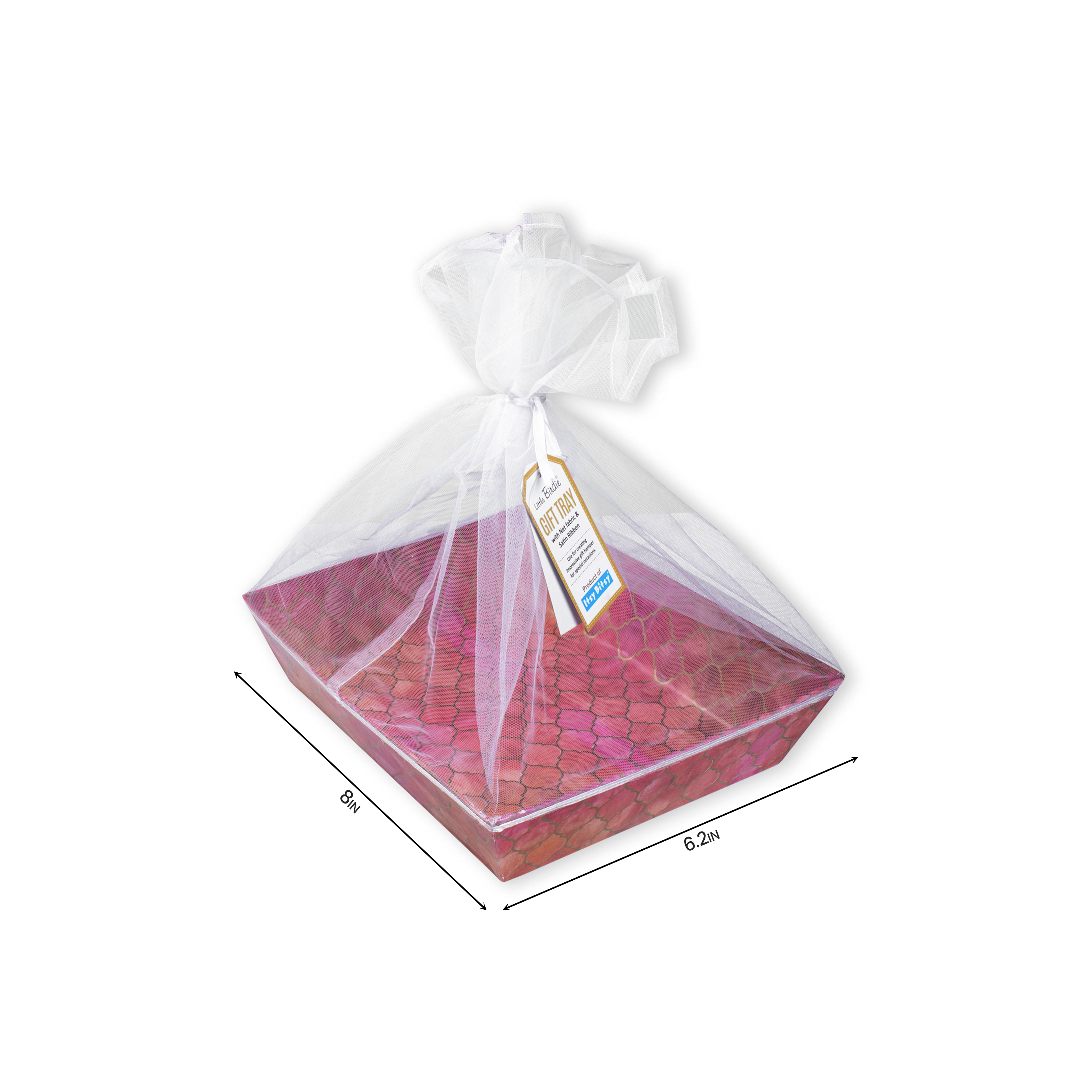 Angled Gifting Tray With Net Cover & Satin Ribbon - Moroccan Trellis, 6.2in x 8in, 1pc