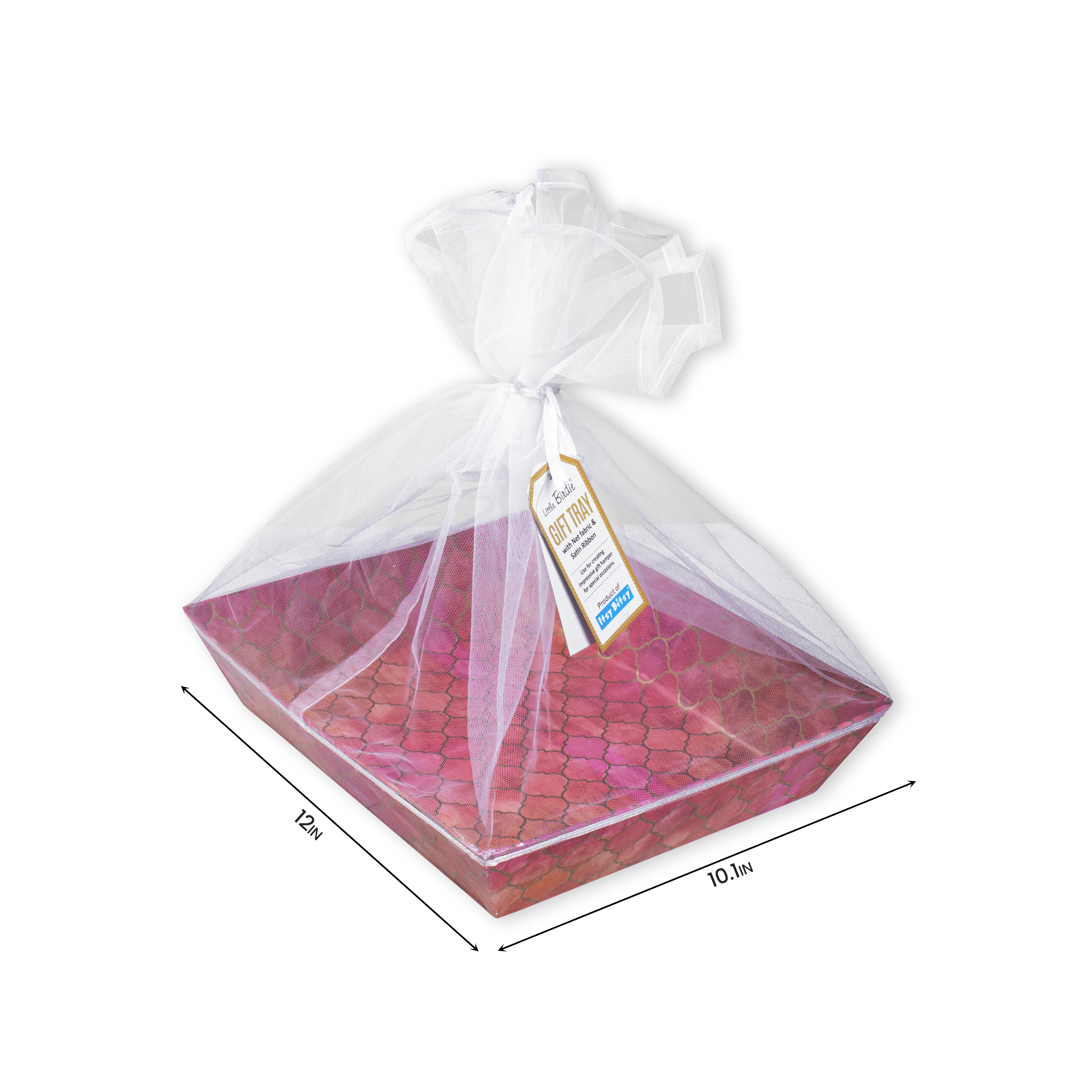 Angled Gifting Tray With Net Cover & Satin Ribbon - Moroccan Trellis, 10.1in x 12in, 1pc