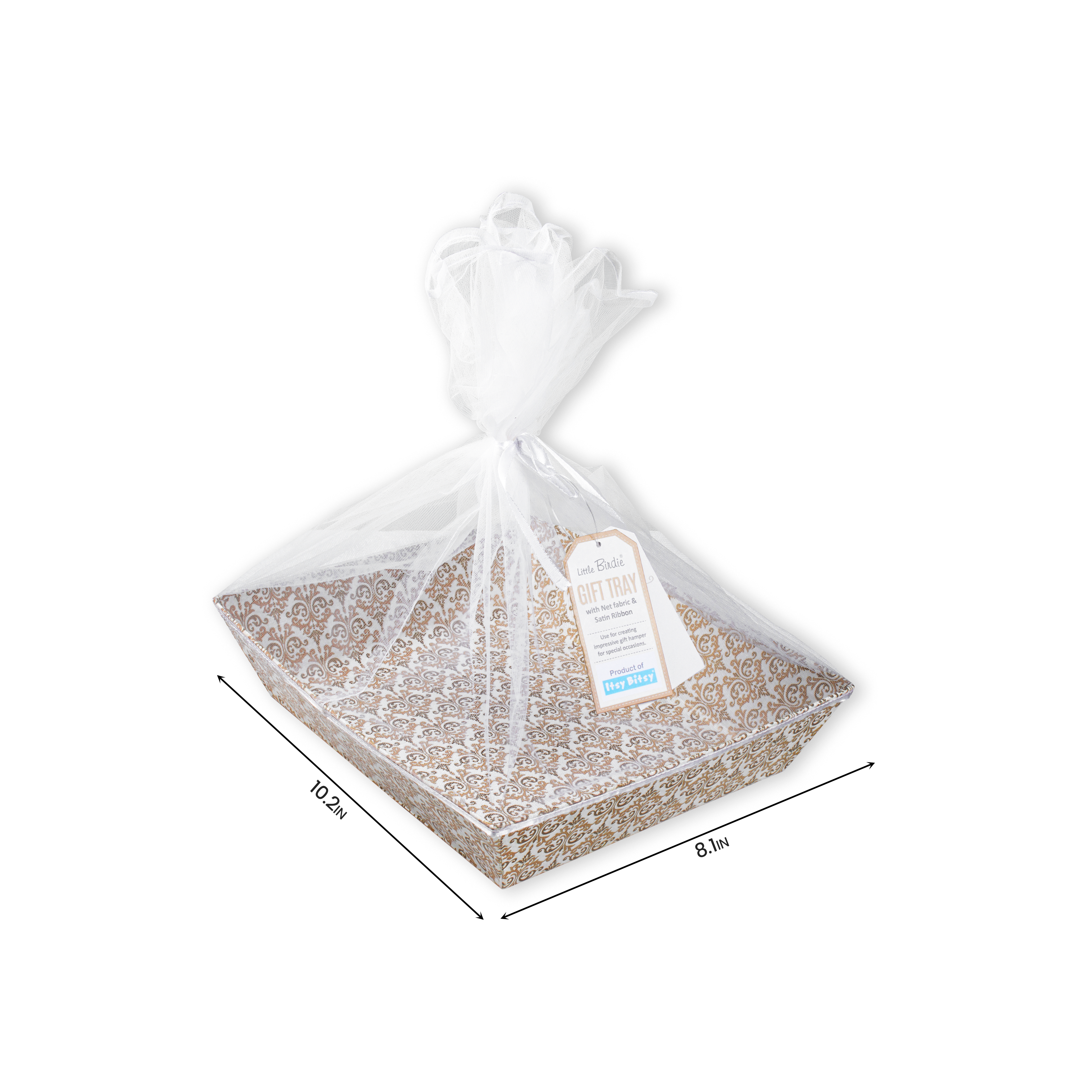 Angled Gifting Tray With Net Cover & Satin Ribbon - Classy Damask, 8.1in x 10.2in, 1pc