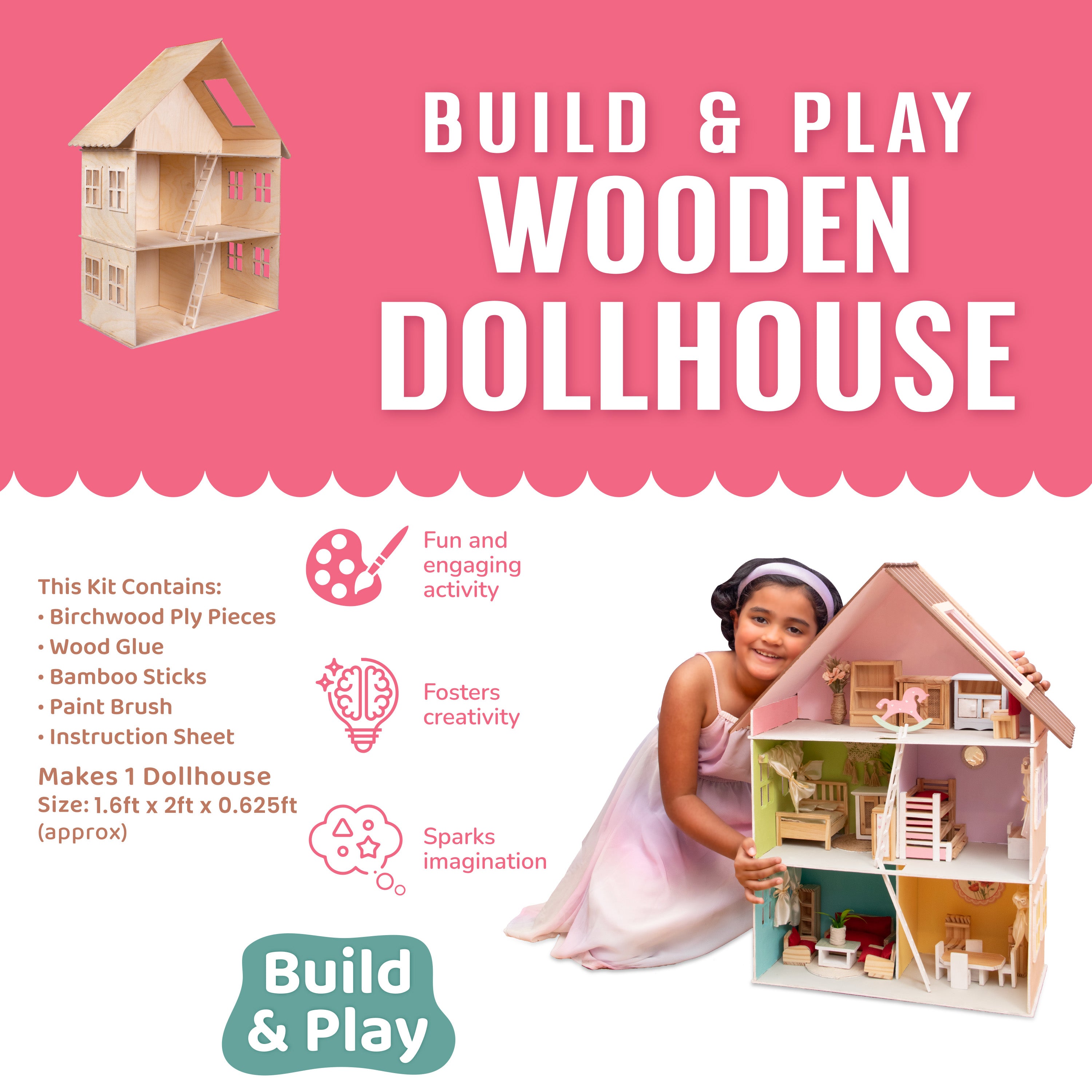 Build & Play Wooden Doll House 1pc