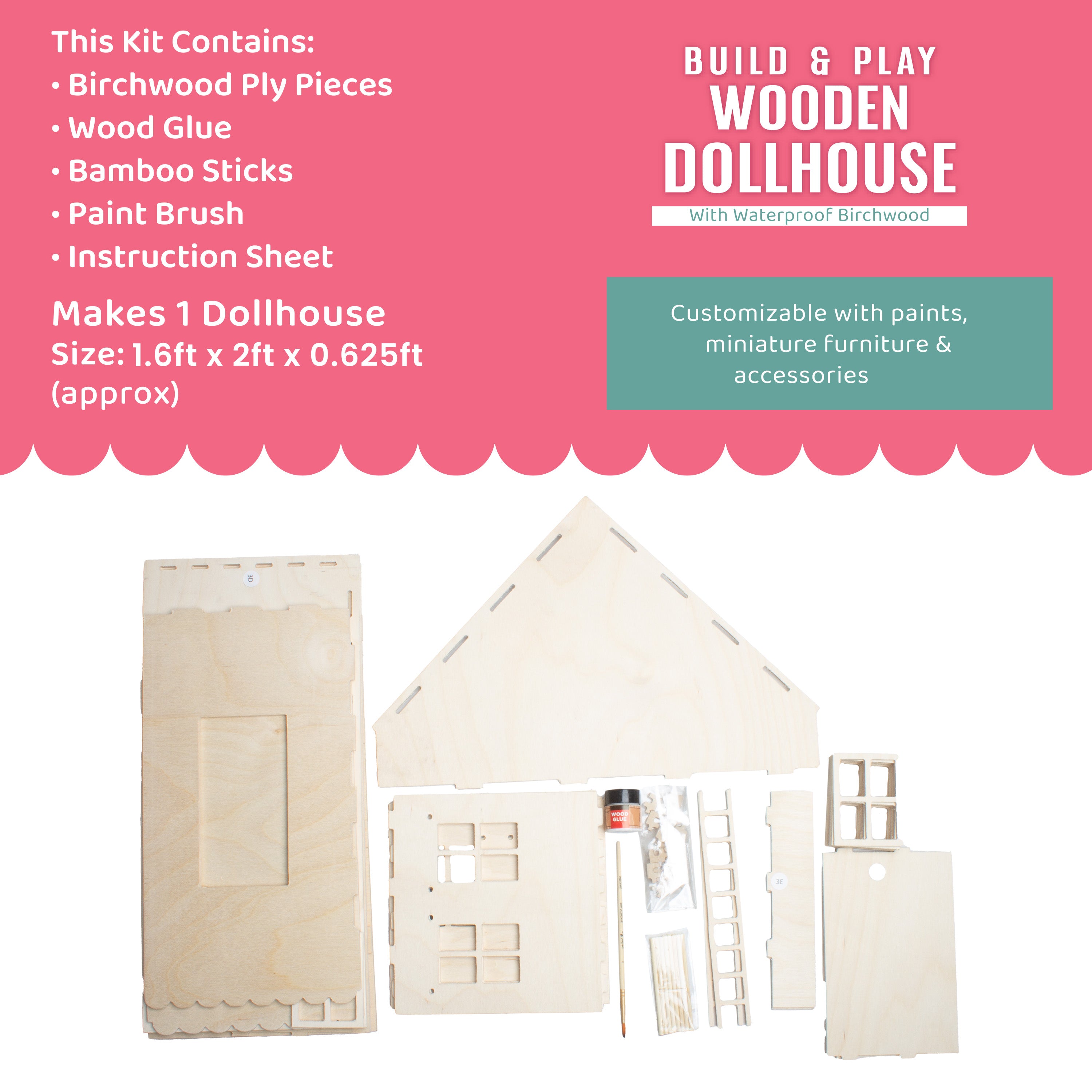 Build & Play Wooden Doll House 1pc