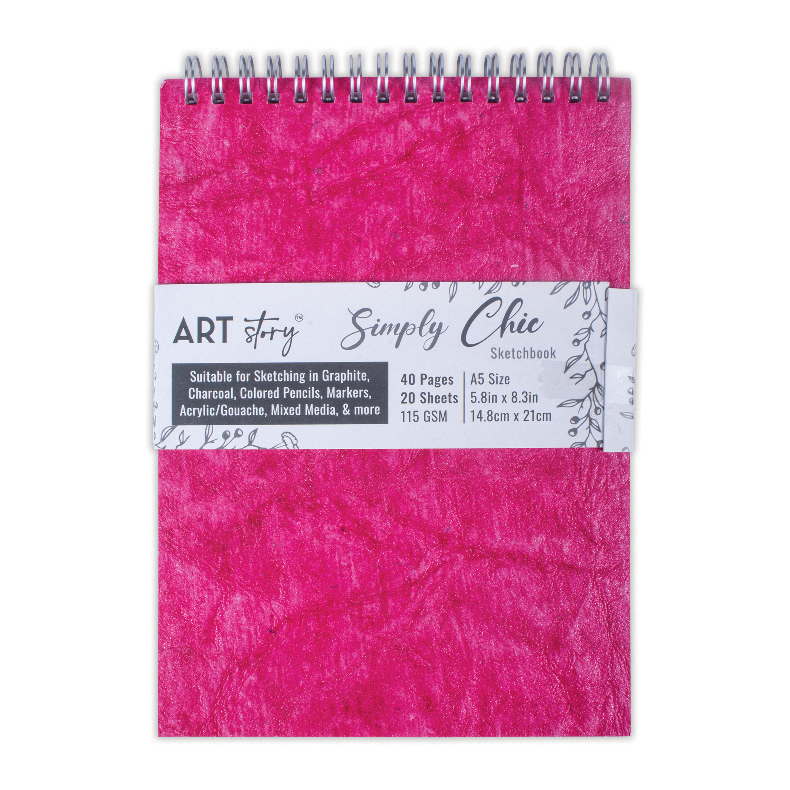 Simply Chic Spiral Bound Sketchbook with Leather Paper Cover | Fuchsia | Pink - A5 - 115gsm - 40Pages - 1Book