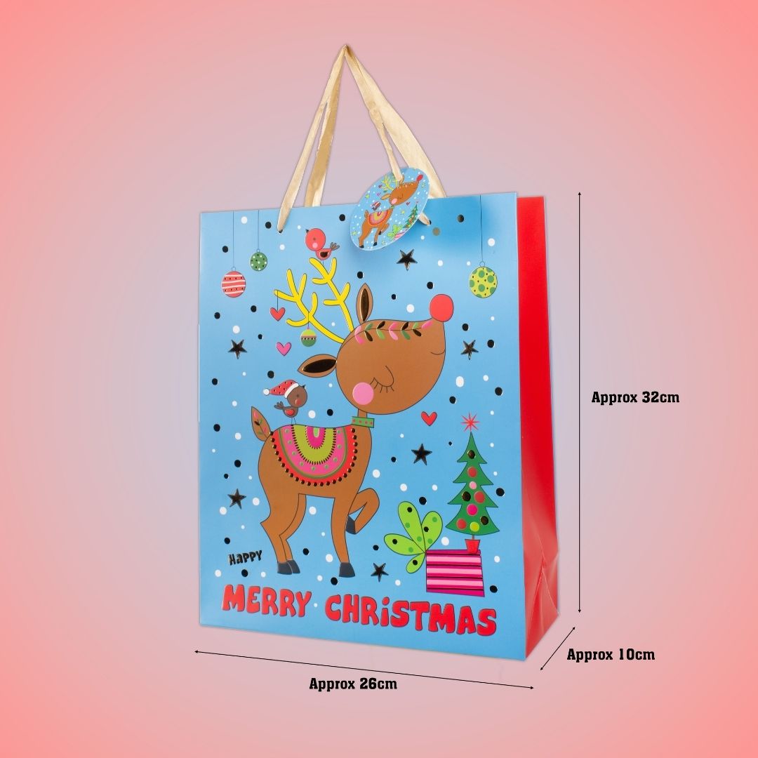 Christmas Gift Bag with Foil Detailing Joyful Reindeer 26 X 10 X 32cm 1pc