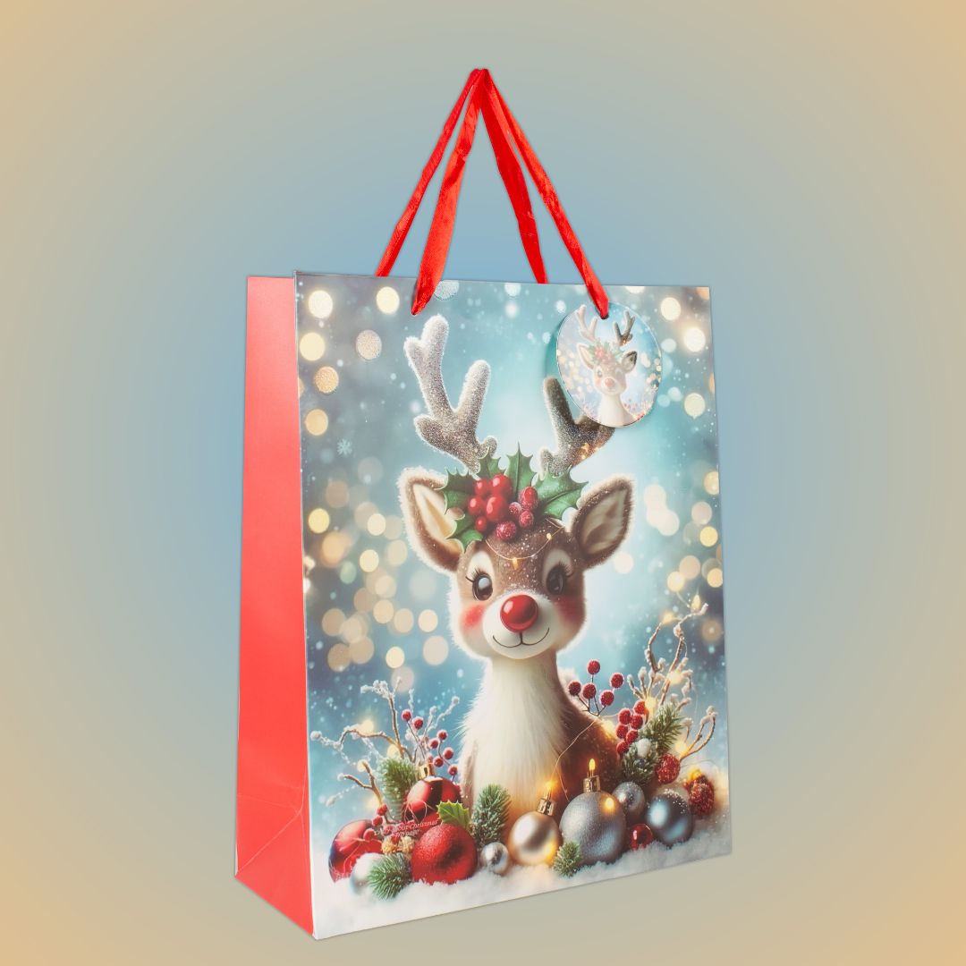 Christmas Gift Bag With Glitter Festive Reindeer 26 X 10 X 32cm 1pc