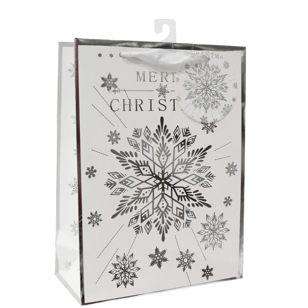 Festive Gift Bag With Foil Detailing Silver White Snowflakes 18 X 8 X 24cm 1pc