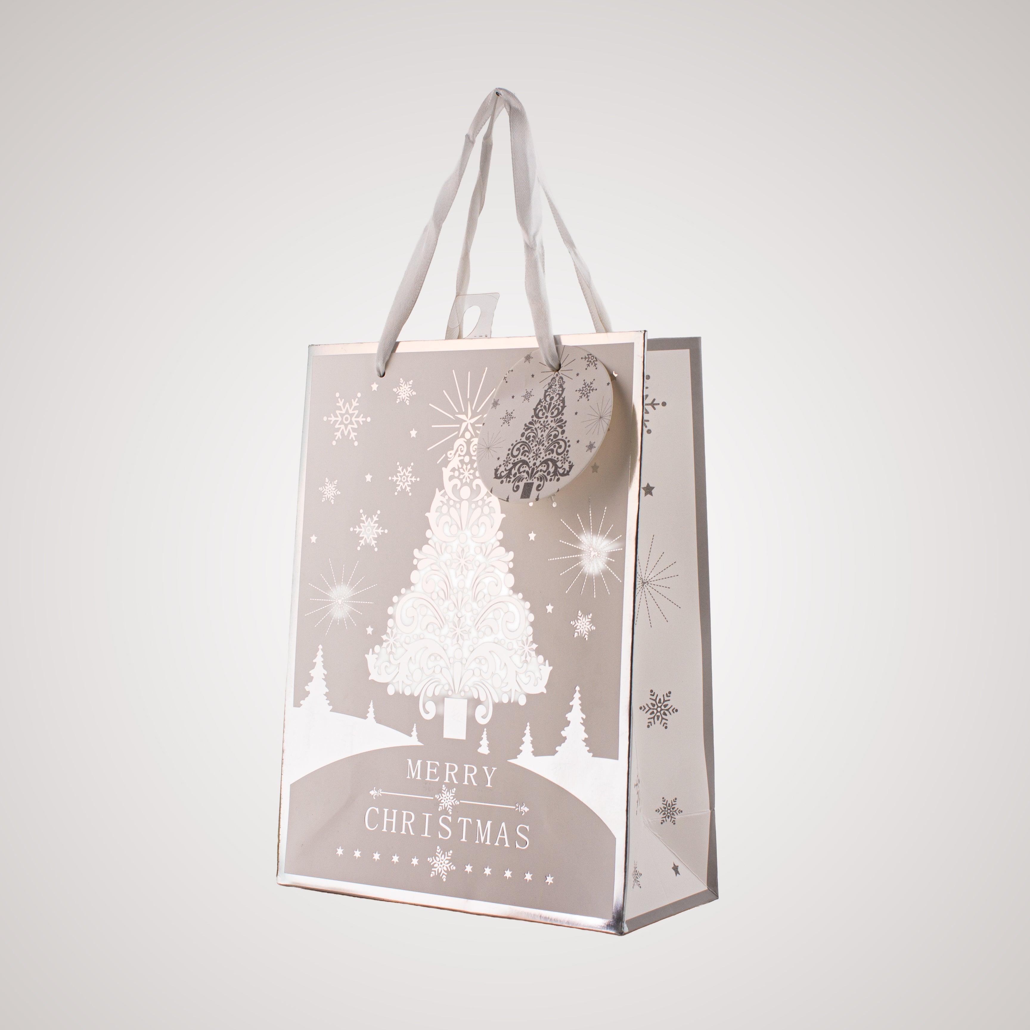 Festive Gift Bag With Foil Detailing Silver White Festive Tree 18 X 8 X 24cm 1pc