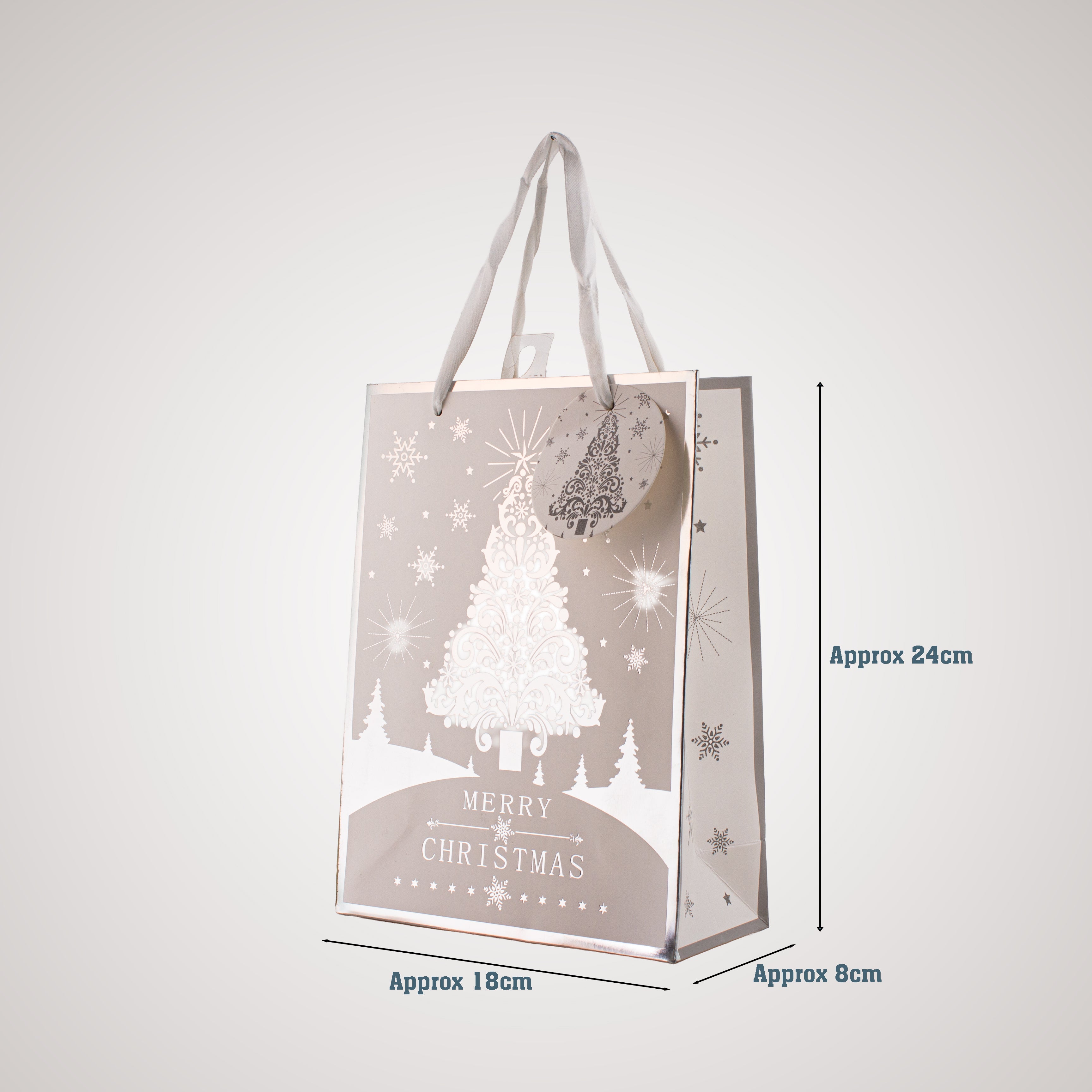 Festive Gift Bag With Foil Detailing Silver White Festive Tree 18 X 8 X 24cm 1pc